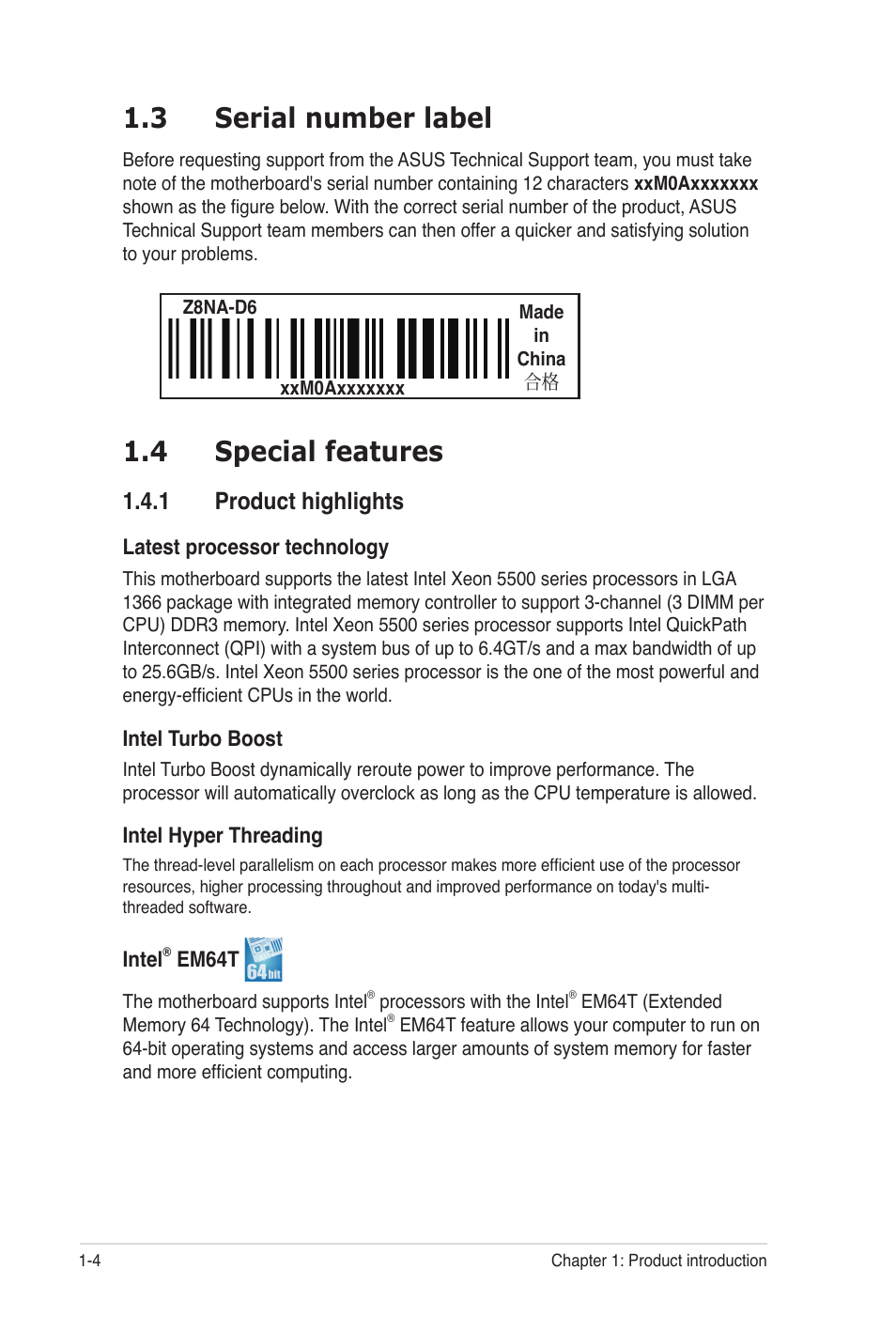 4 special features, 3 serial number label, 1 product highlights | Asus Z8NA-D6C User Manual | Page 18 / 168
