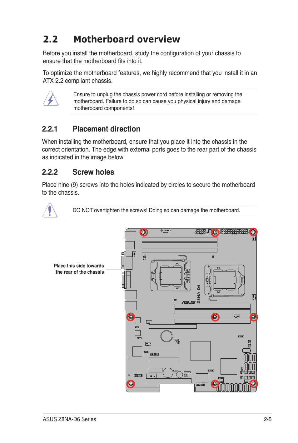 2 motherboard overview, 1 placement direction, 2 screw holes | Asus Z8NA-D6C User Manual | Page 25 / 168