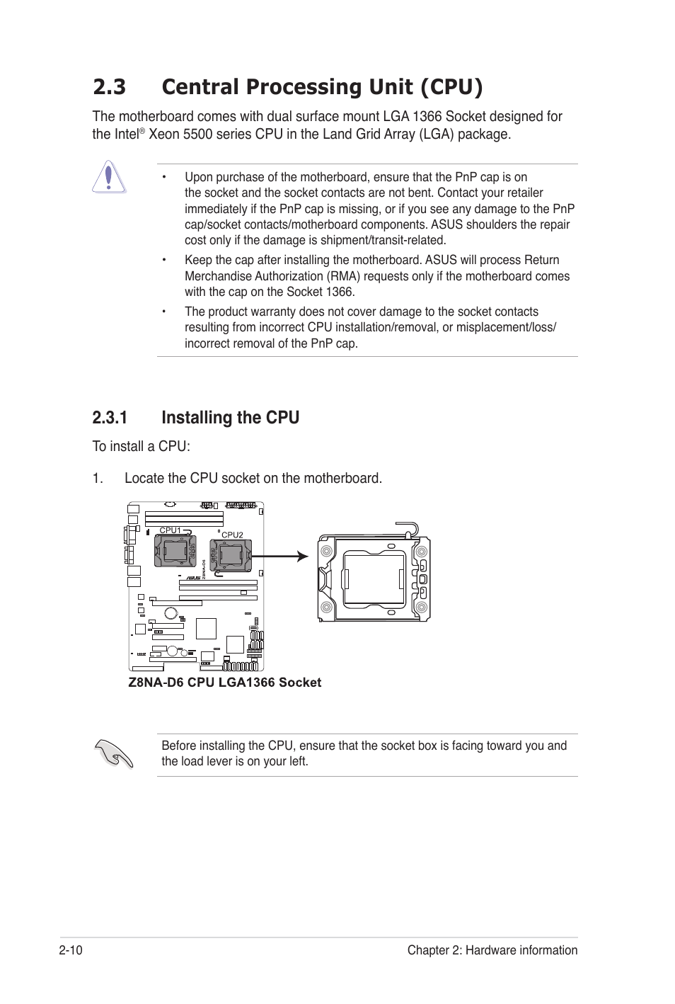 3 central processing unit (cpu), 1 installing the cpu | Asus Z8NA-D6C User Manual | Page 30 / 168