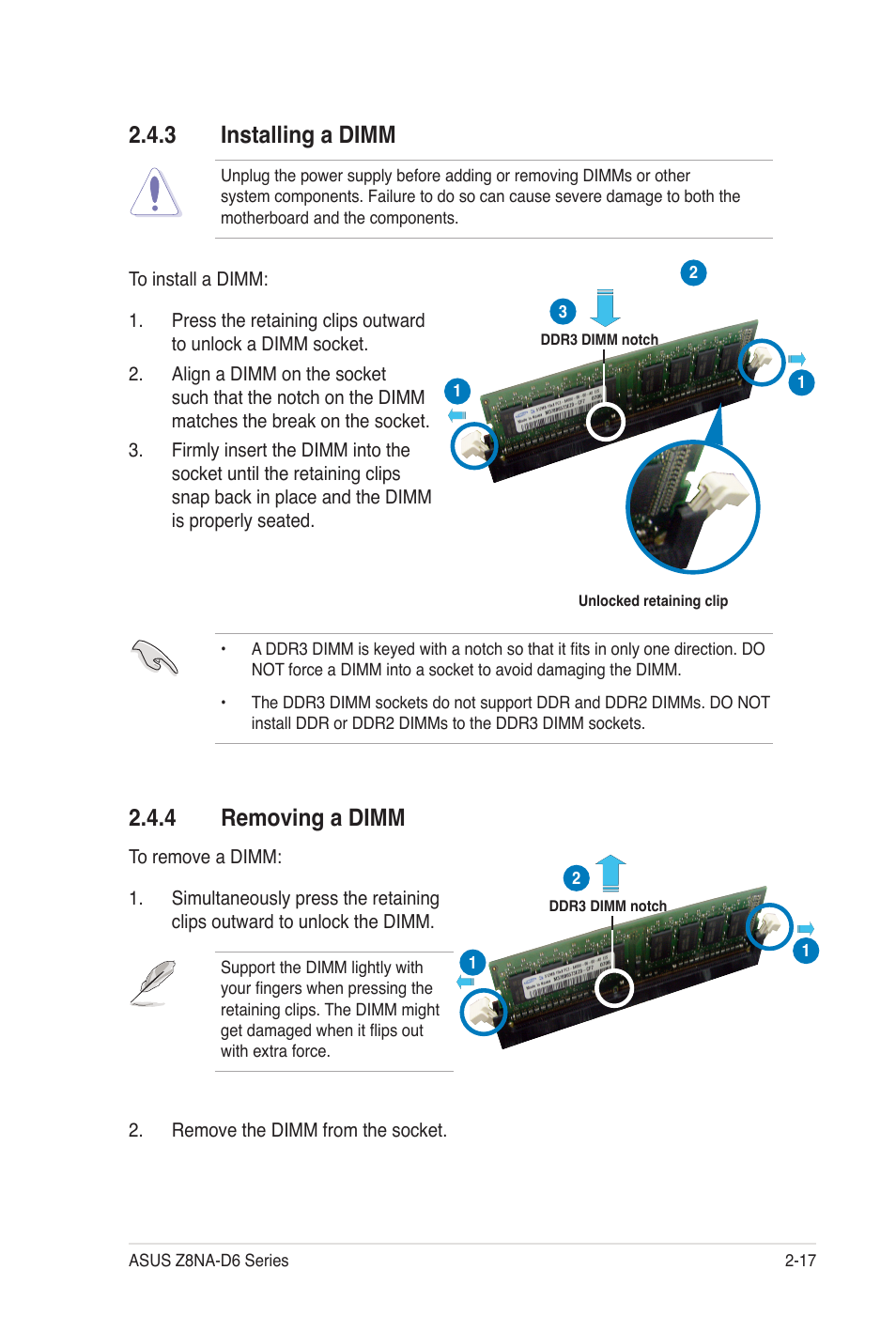3 installing a dimm, 4 removing a dimm | Asus Z8NA-D6C User Manual | Page 37 / 168
