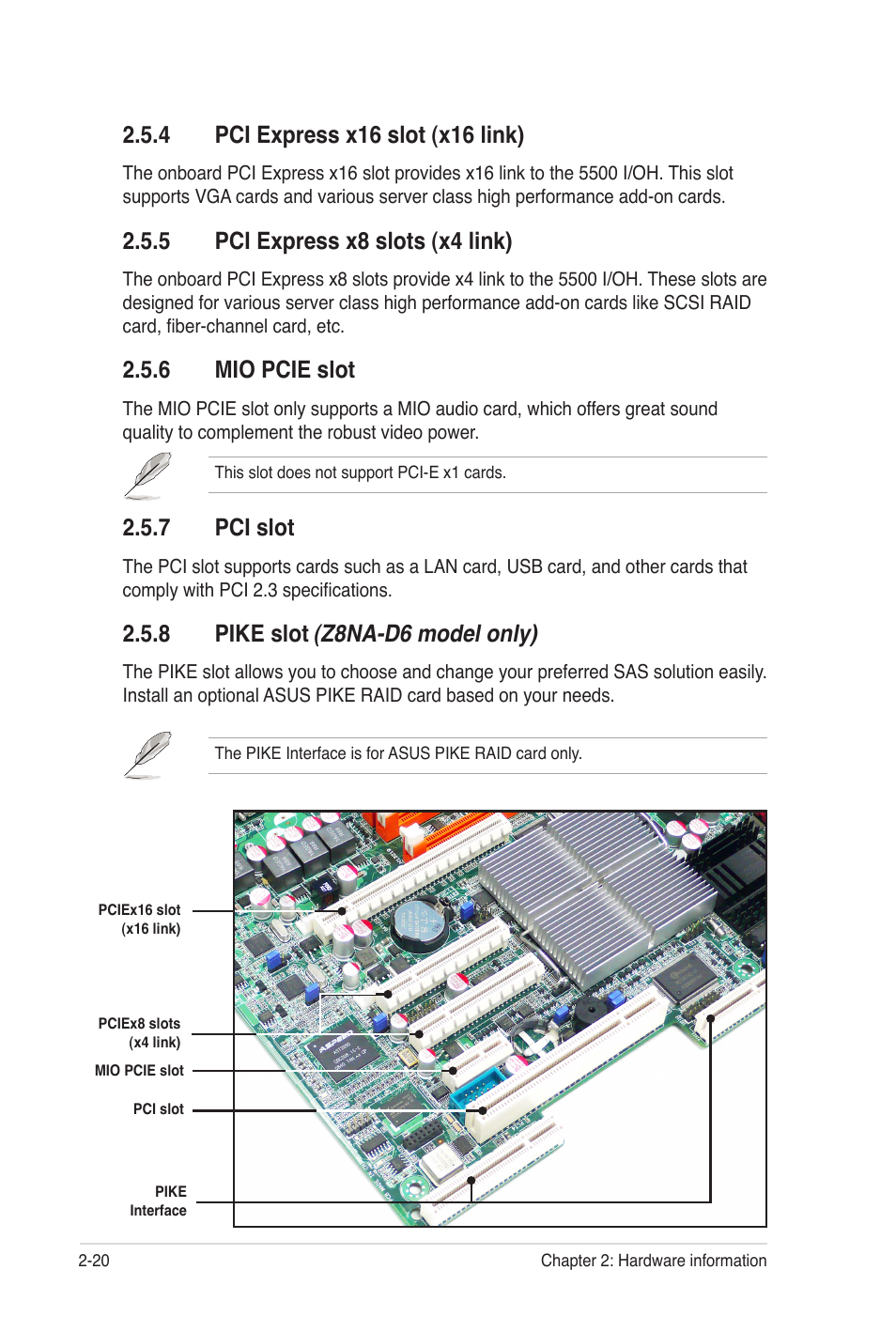 5 pci express x8 slots (x4 link), 6 mio pcie slot, 7 pci slot | 8 pike slot (z8na-d6 model only) | Asus Z8NA-D6C User Manual | Page 40 / 168