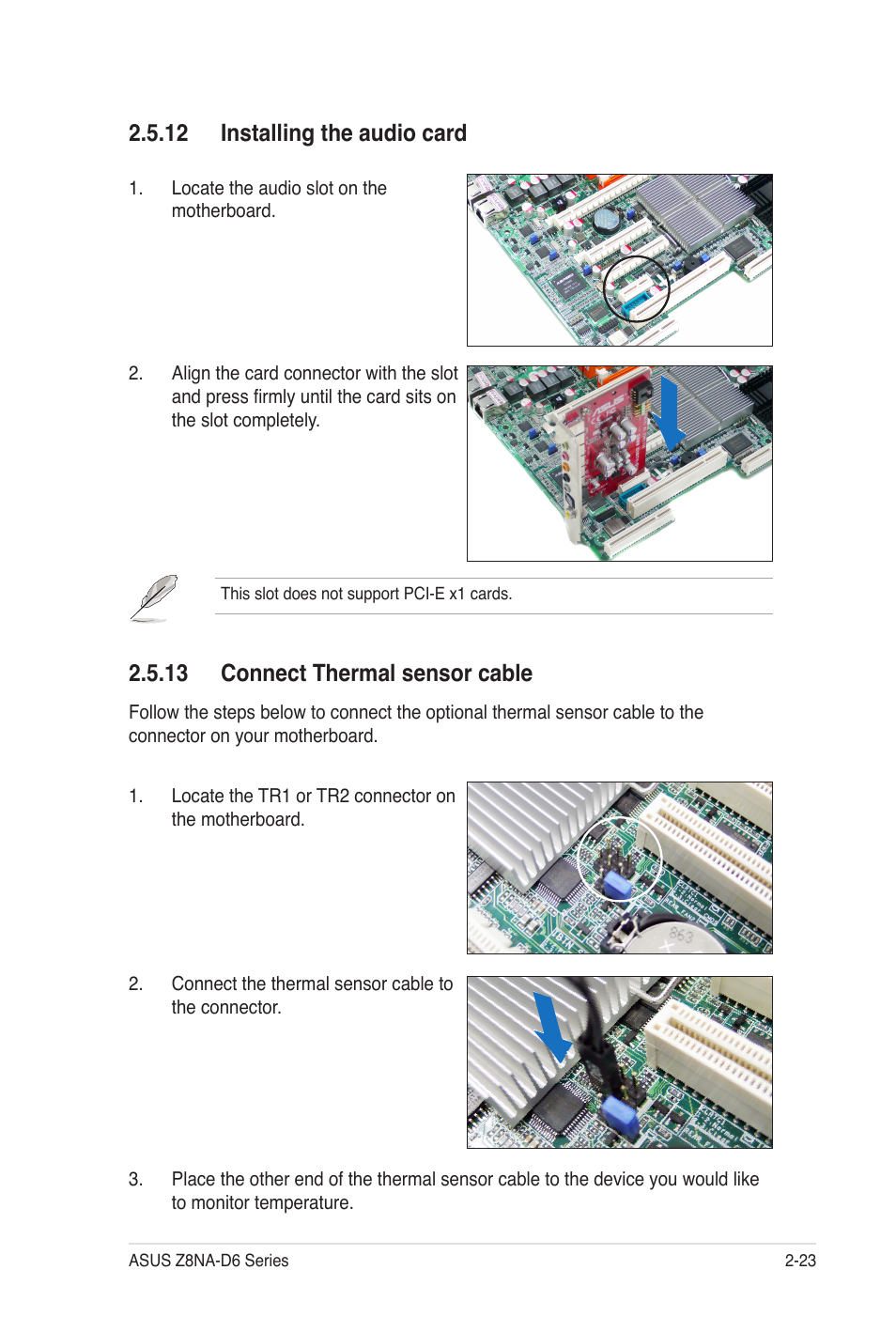 13 connect thermal sensor cable, 12 installing the audio card | Asus Z8NA-D6C User Manual | Page 43 / 168