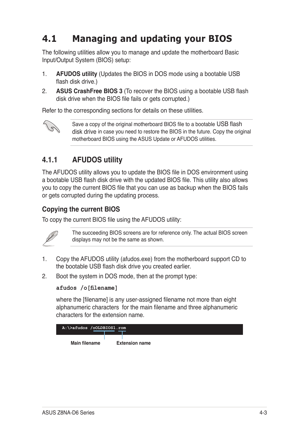 1 managing and updating your bios, 1 afudos utility | Asus Z8NA-D6C User Manual | Page 65 / 168