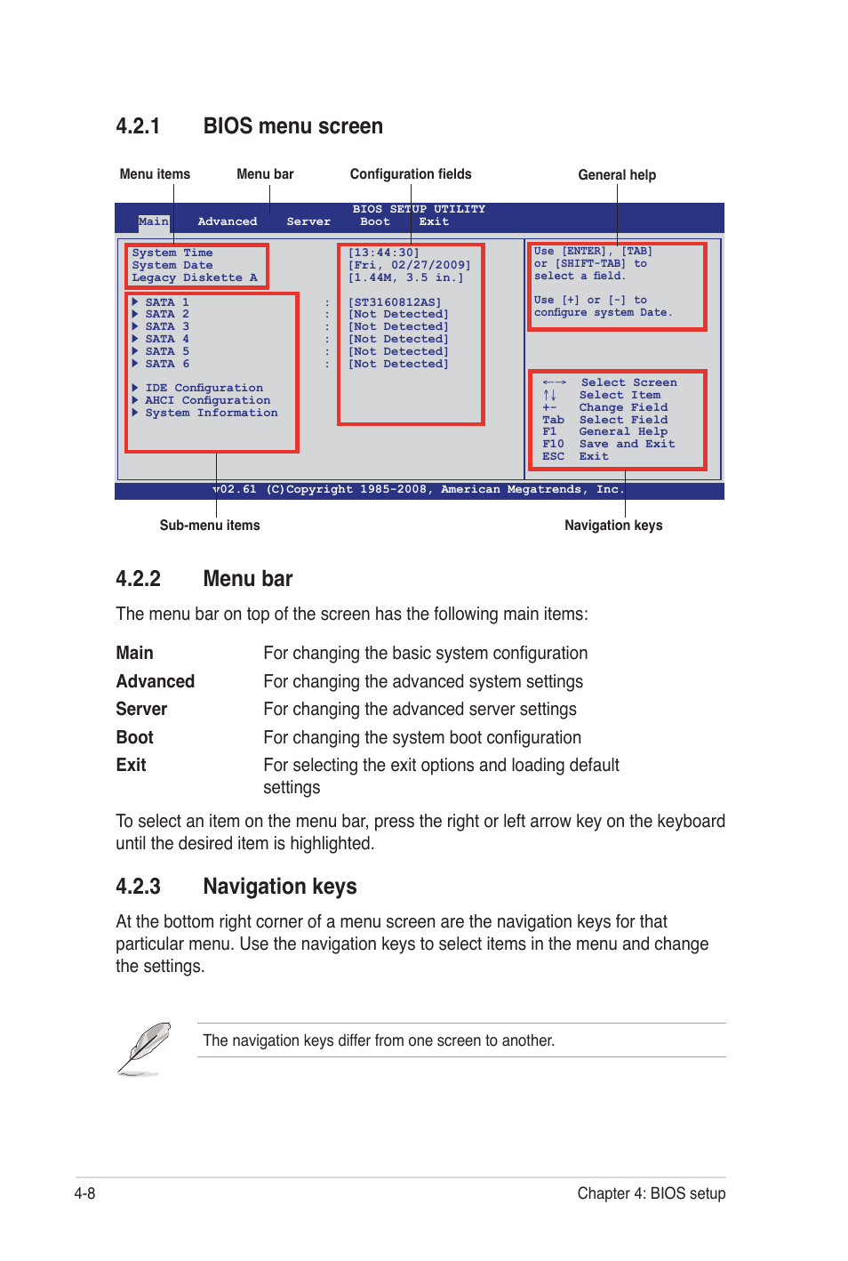 2 menu bar, 3 navigation keys, 1 bios menu screen | Asus Z8NA-D6C User Manual | Page 70 / 168