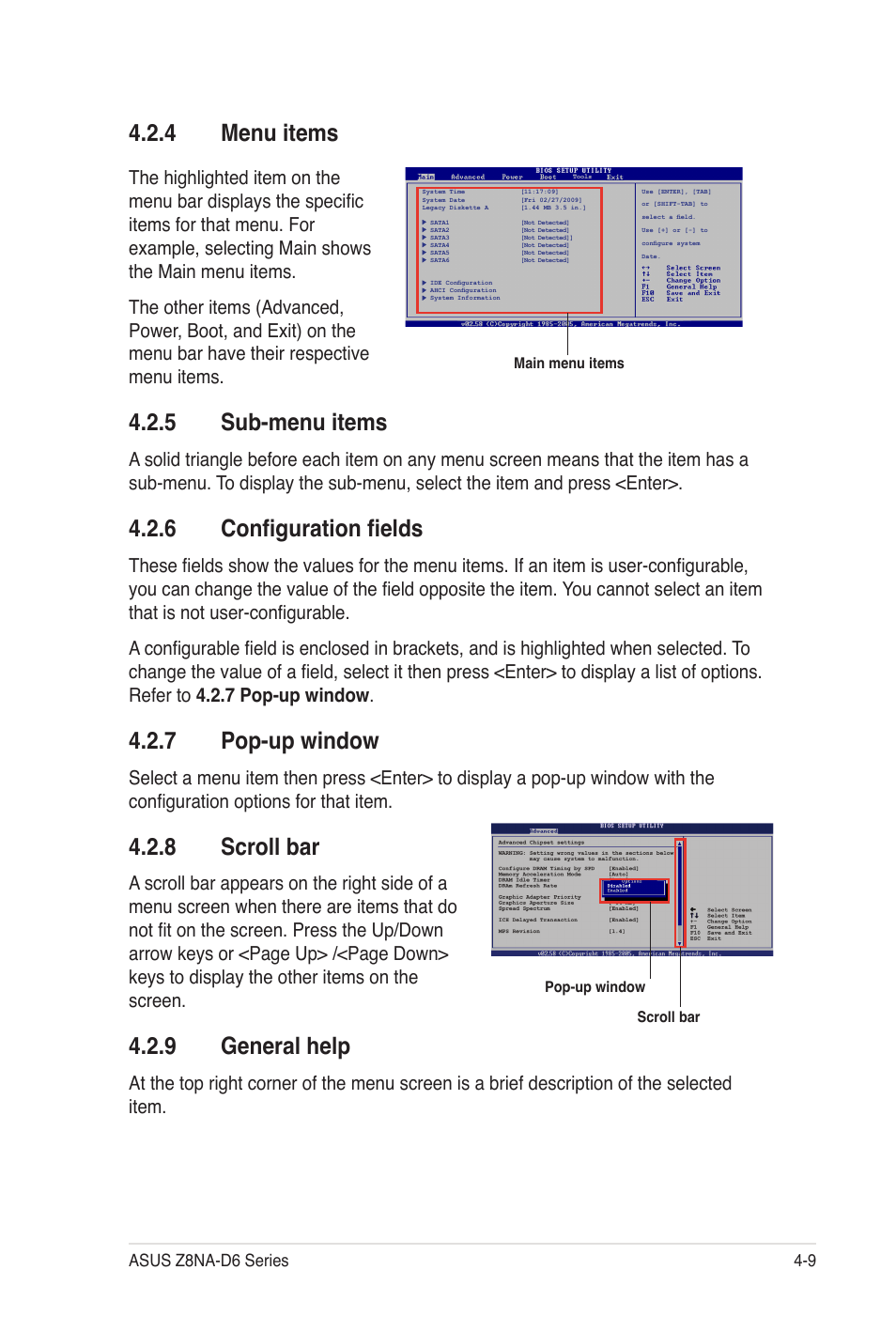 4 menu items, 5 sub-menu items, 6 configuration fields | 7 pop-up window, 8 scroll bar, 9 general help | Asus Z8NA-D6C User Manual | Page 71 / 168