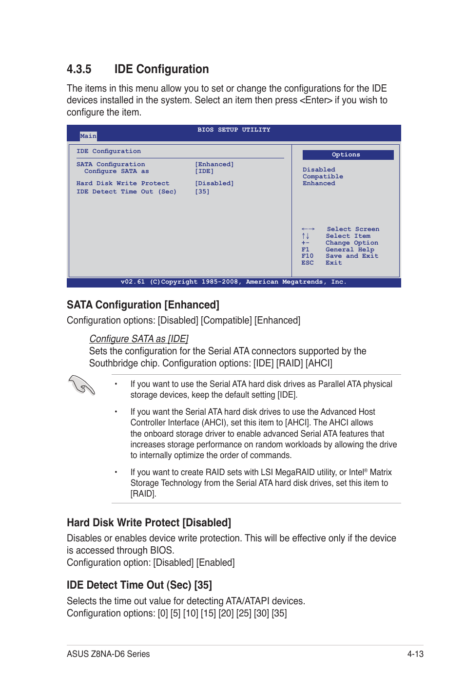 5 ide configuration, Sata configuration [enhanced, Hard disk write protect [disabled | Ide detect time out (sec) [35, Configure sata as [ide | Asus Z8NA-D6C User Manual | Page 75 / 168