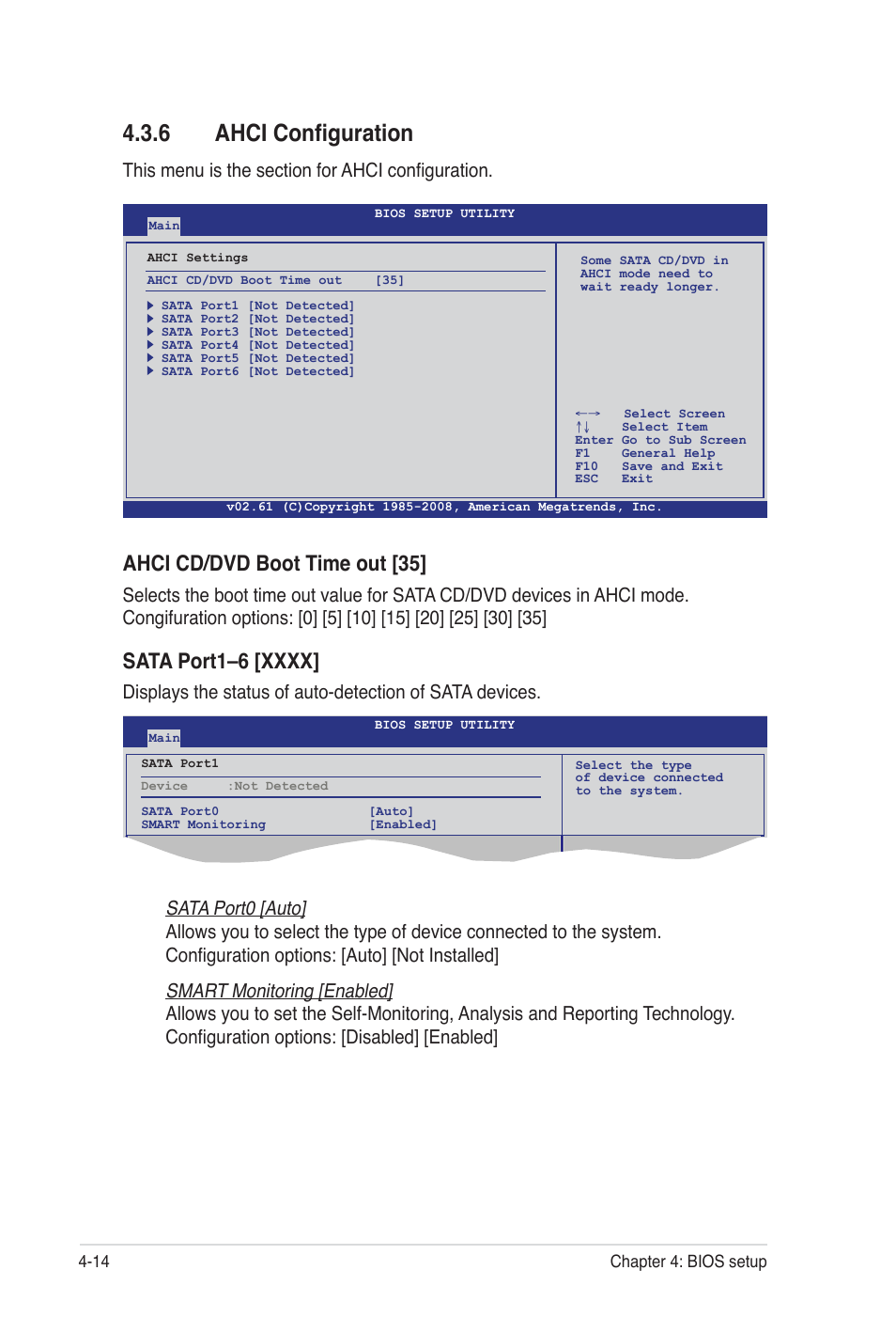 6 ahci configuration, Ahci cd/dvd boot time out [35, Sata port0 [auto | Smart monitoring [enabled | Asus Z8NA-D6C User Manual | Page 76 / 168