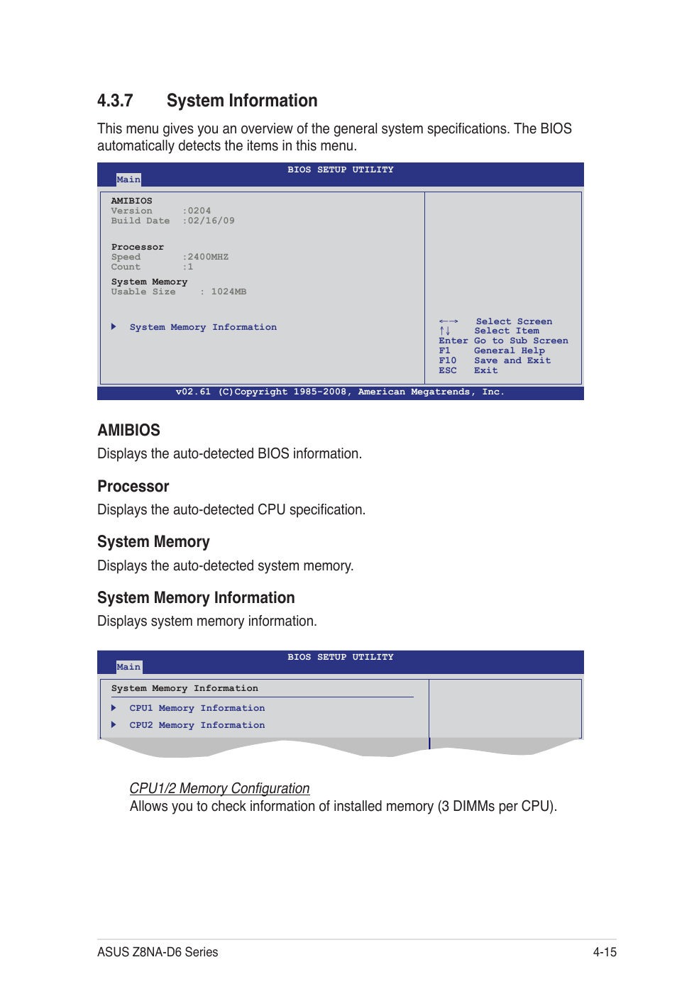 7 system information, Amibios, Processor | Displays the auto-detected bios information, Displays the auto-detected cpu specification | Asus Z8NA-D6C User Manual | Page 77 / 168