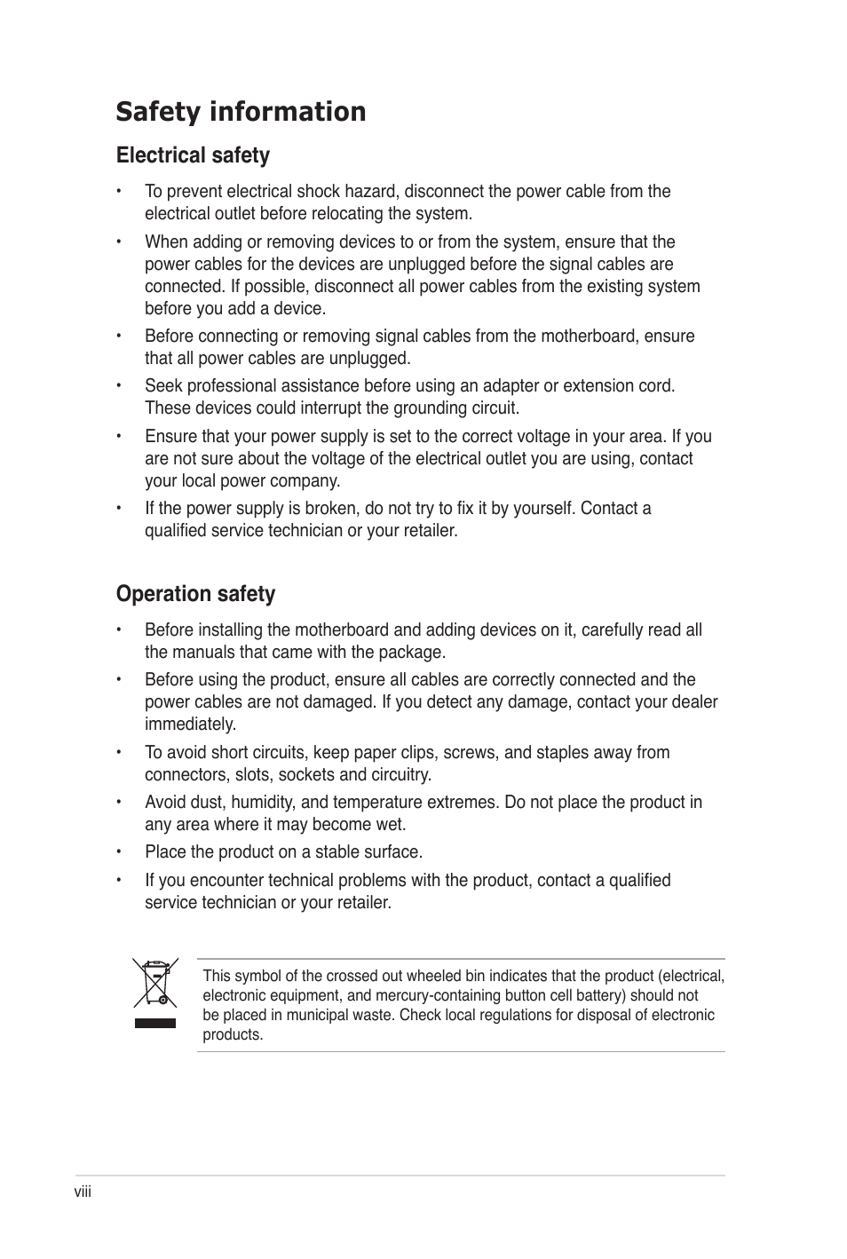 Safety information, Electrical safety, Operation safety | Asus Z8NA-D6C User Manual | Page 8 / 168