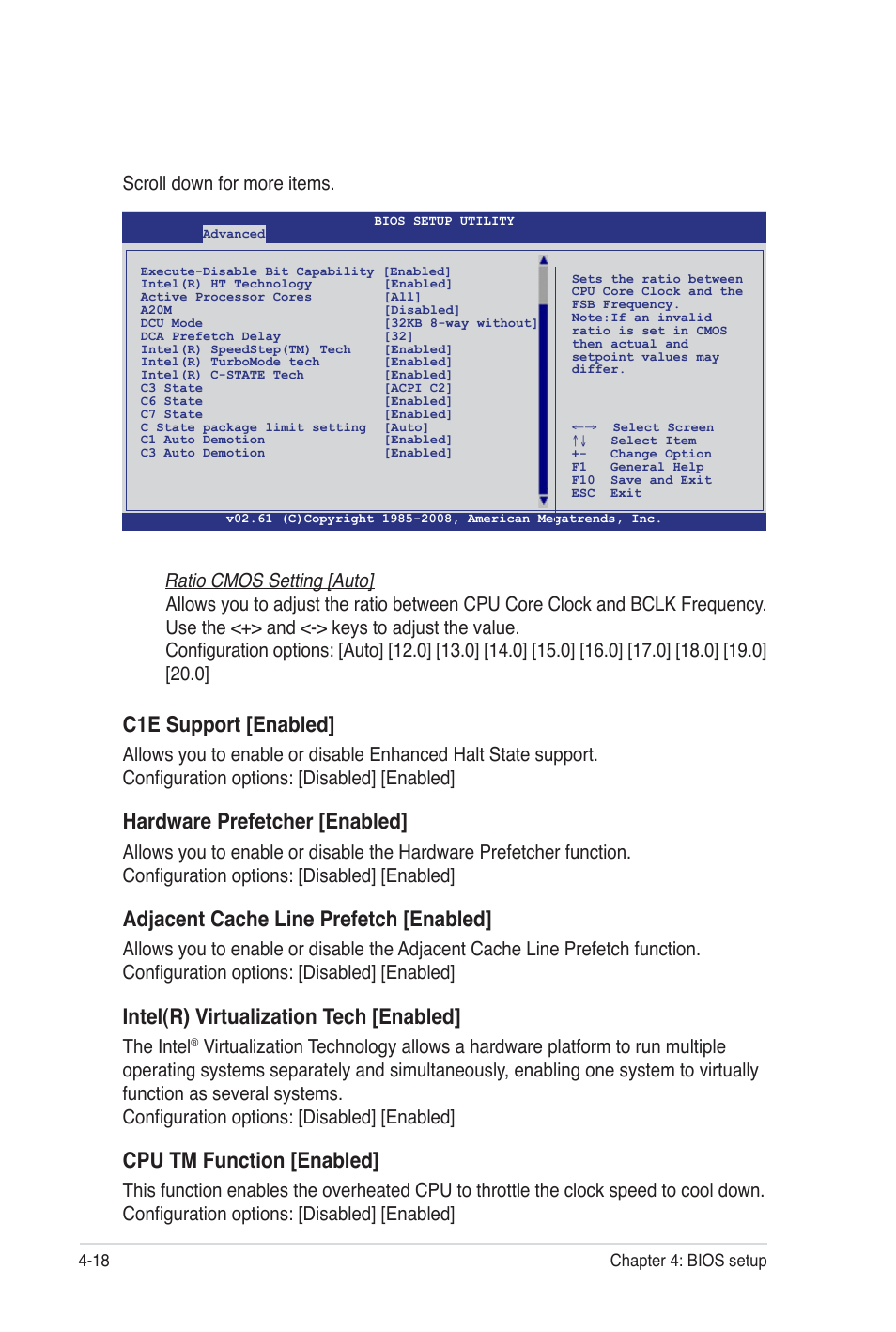 C1e support [enabled, Hardware prefetcher [enabled, Adjacent cache line prefetch [enabled | Intel(r) virtualization tech [enabled, Cpu tm function [enabled, Ratio cmos setting [auto, Scroll down for more items, The intel | Asus Z8NA-D6C User Manual | Page 80 / 168