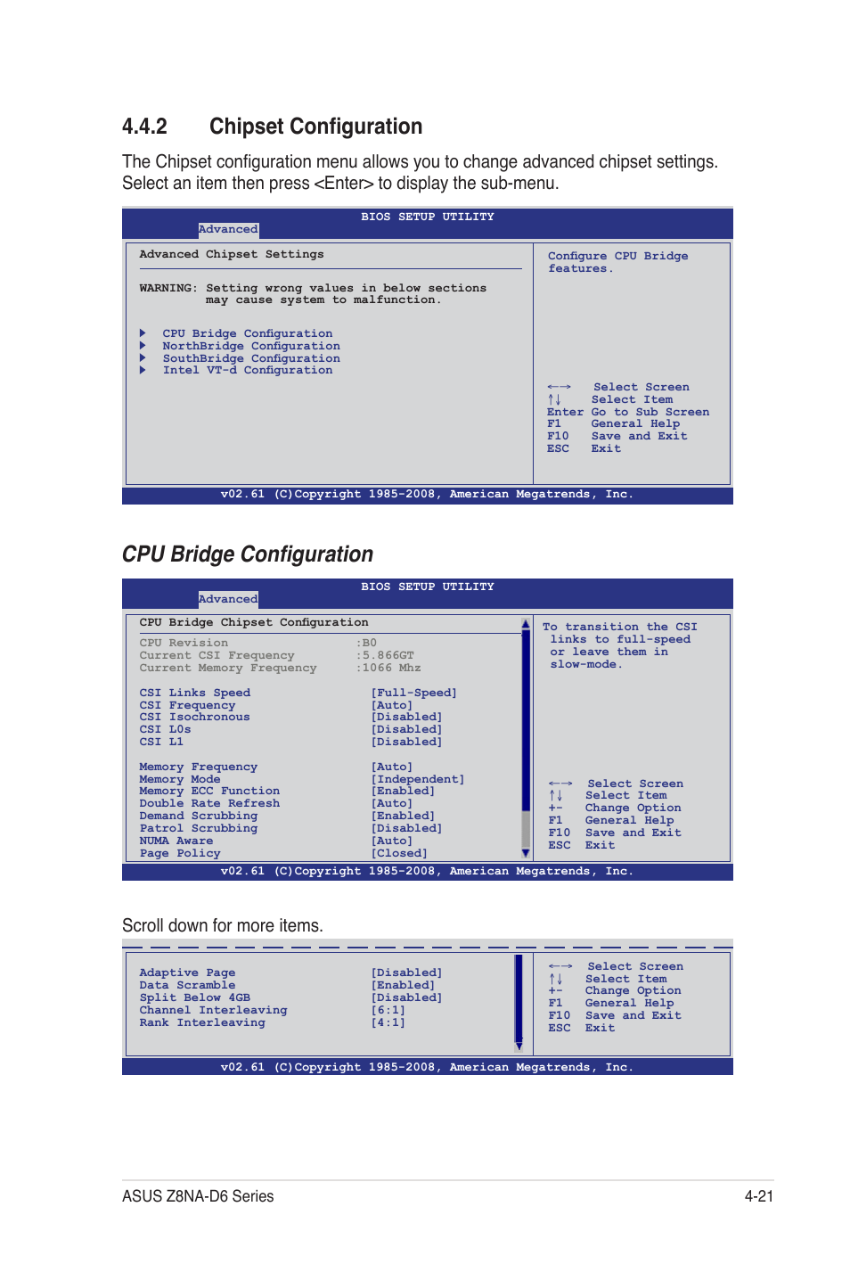 2 chipset configuration, Cpu bridge configuration, Scroll down for more items | Asus Z8NA-D6C User Manual | Page 83 / 168