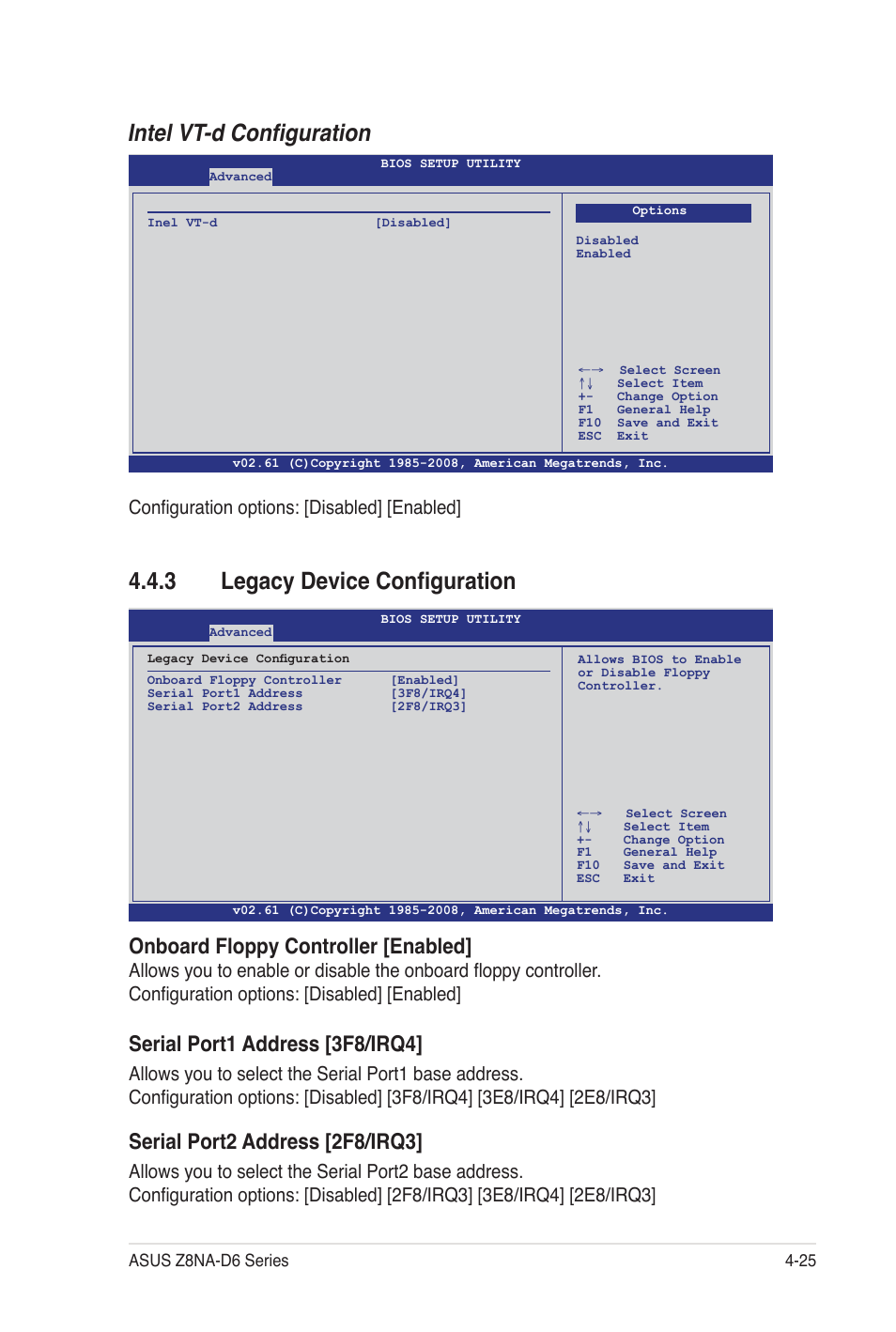 Intel vt-d configuration, 3 legacy device configuration, Onboard floppy controller [enabled | Serial port1 address [3f8/irq4, Serial port2 address [2f8/irq3, Configuration options: [disabled] [enabled | Asus Z8NA-D6C User Manual | Page 87 / 168