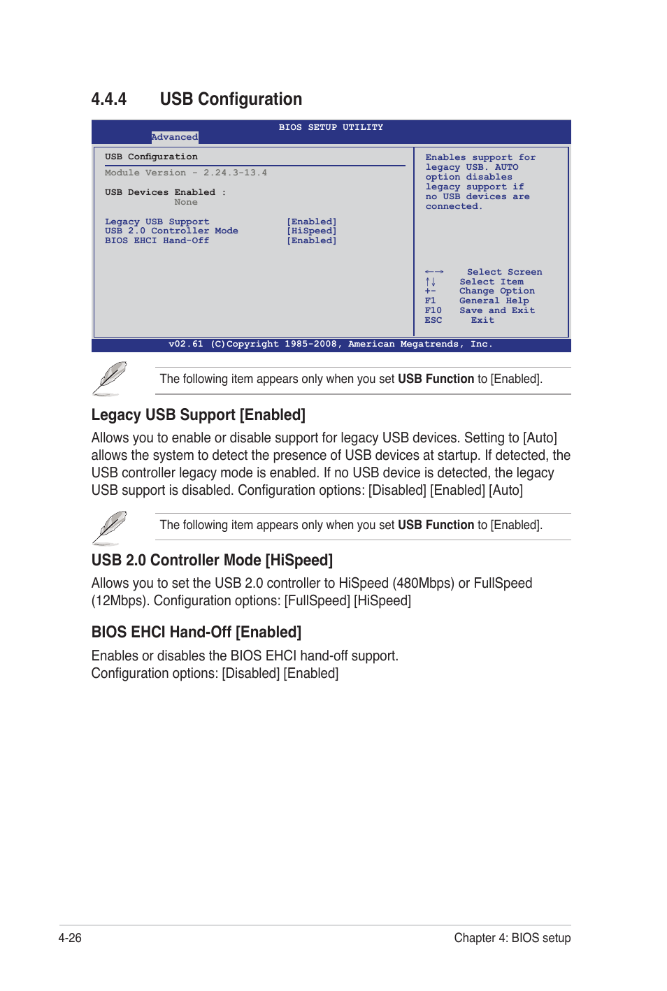 4 usb configuration, Legacy usb support [enabled, Usb 2.0 controller mode [hispeed | Bios ehci hand-off [enabled | Asus Z8NA-D6C User Manual | Page 88 / 168