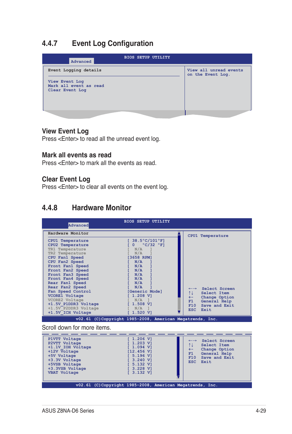 7 event log configuration, 8 hardware monitor, View event log | Mark all events as read, Clear event log, Press <enter> to read all the unread event log, Press <enter> to mark all the events as read, Press <enter> to clear all events on the event log, Scroll down for more items | Asus Z8NA-D6C User Manual | Page 91 / 168