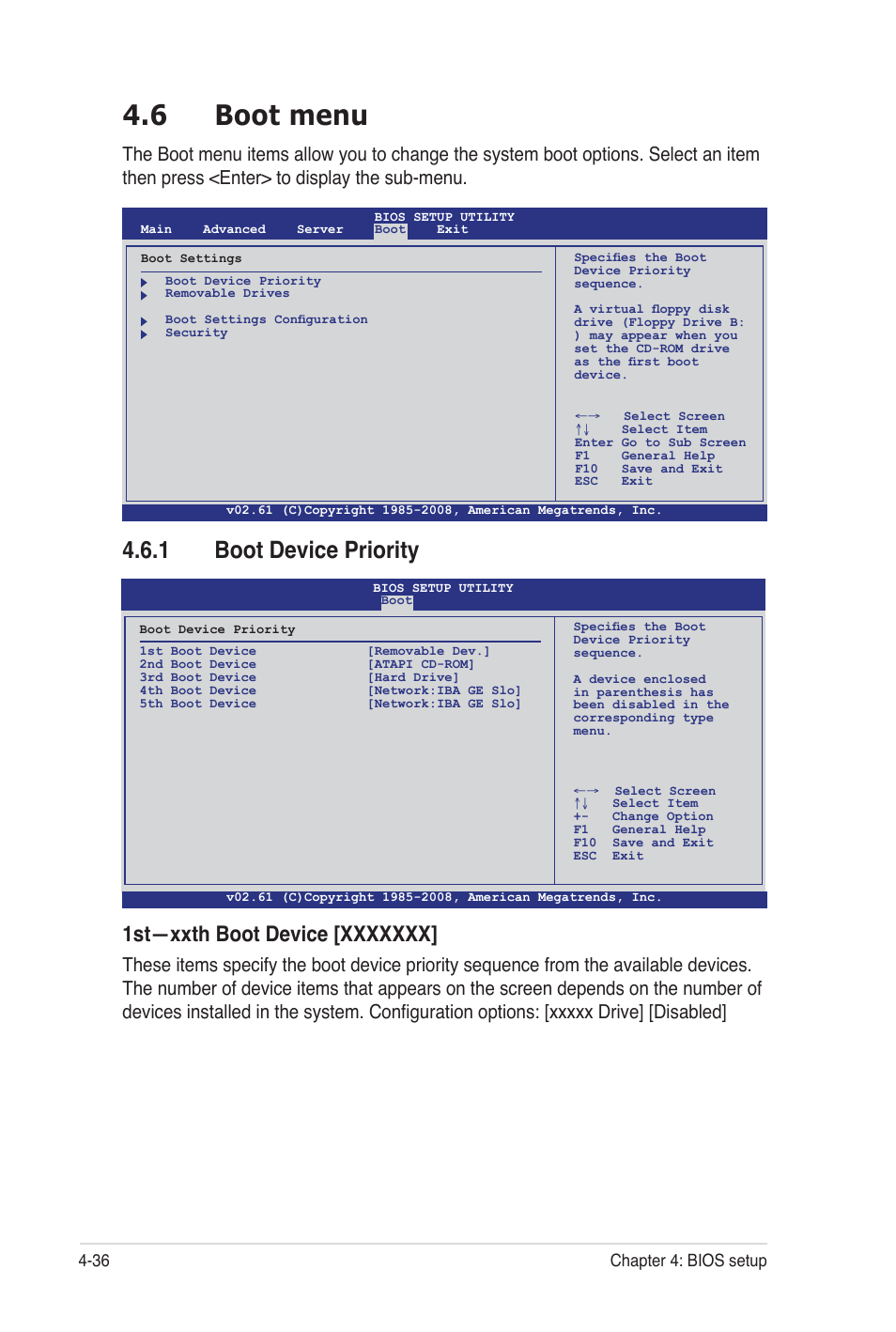 6 boot menu, 1 boot device priority, 36 chapter 4: bios setup | Asus Z8NA-D6C User Manual | Page 98 / 168