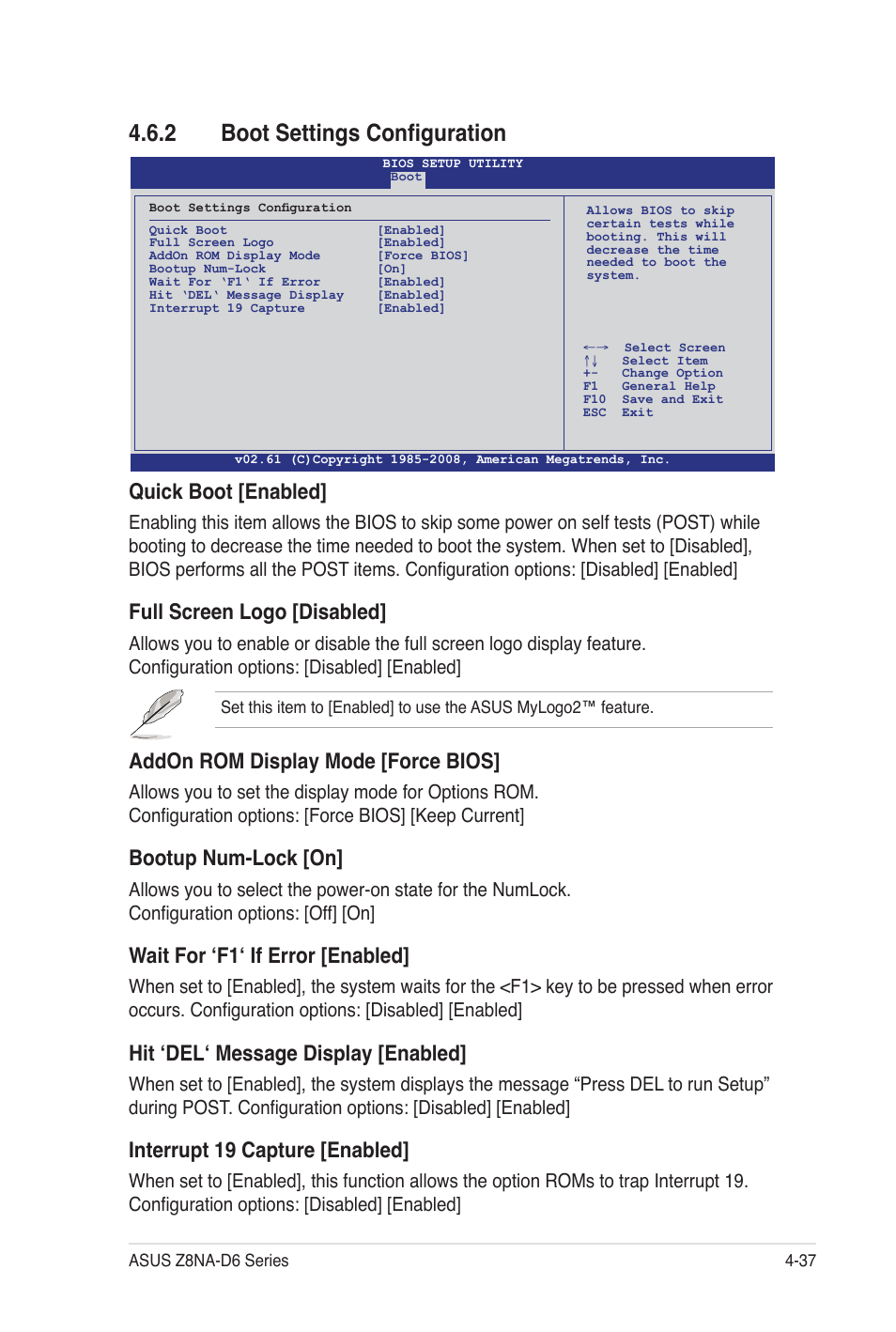 2 boot settings configuration, Quick boot [enabled, Full screen logo [disabled | Addon rom display mode [force bios, Bootup num-lock [on, Wait for ‘f1‘ if error [enabled, Hit ‘del‘ message display [enabled, Interrupt 19 capture [enabled | Asus Z8NA-D6C User Manual | Page 99 / 168