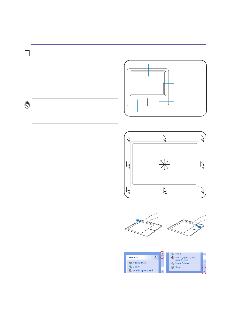 Pointing device, Using the touchpad, Scroll down scroll up | Asus Z83V User Manual | Page 35 / 74