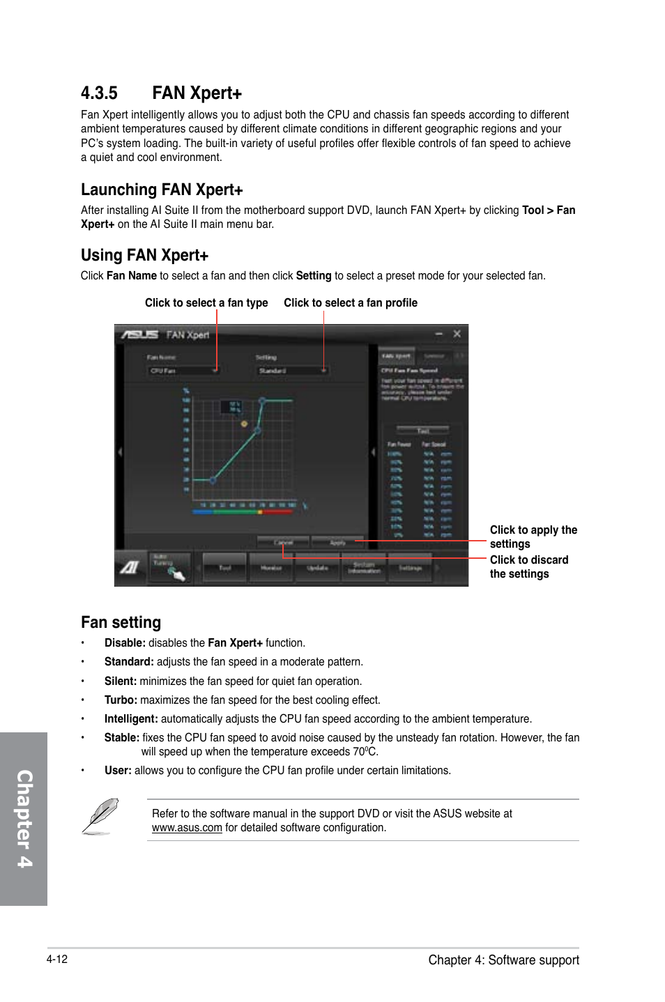 5 fan xpert, Fan xpert+ -12, Chapter 4 | Launching fan xpert, Fan setting, Using fan xpert | Asus P8Z77-V LK2 User Manual | Page 110 / 156