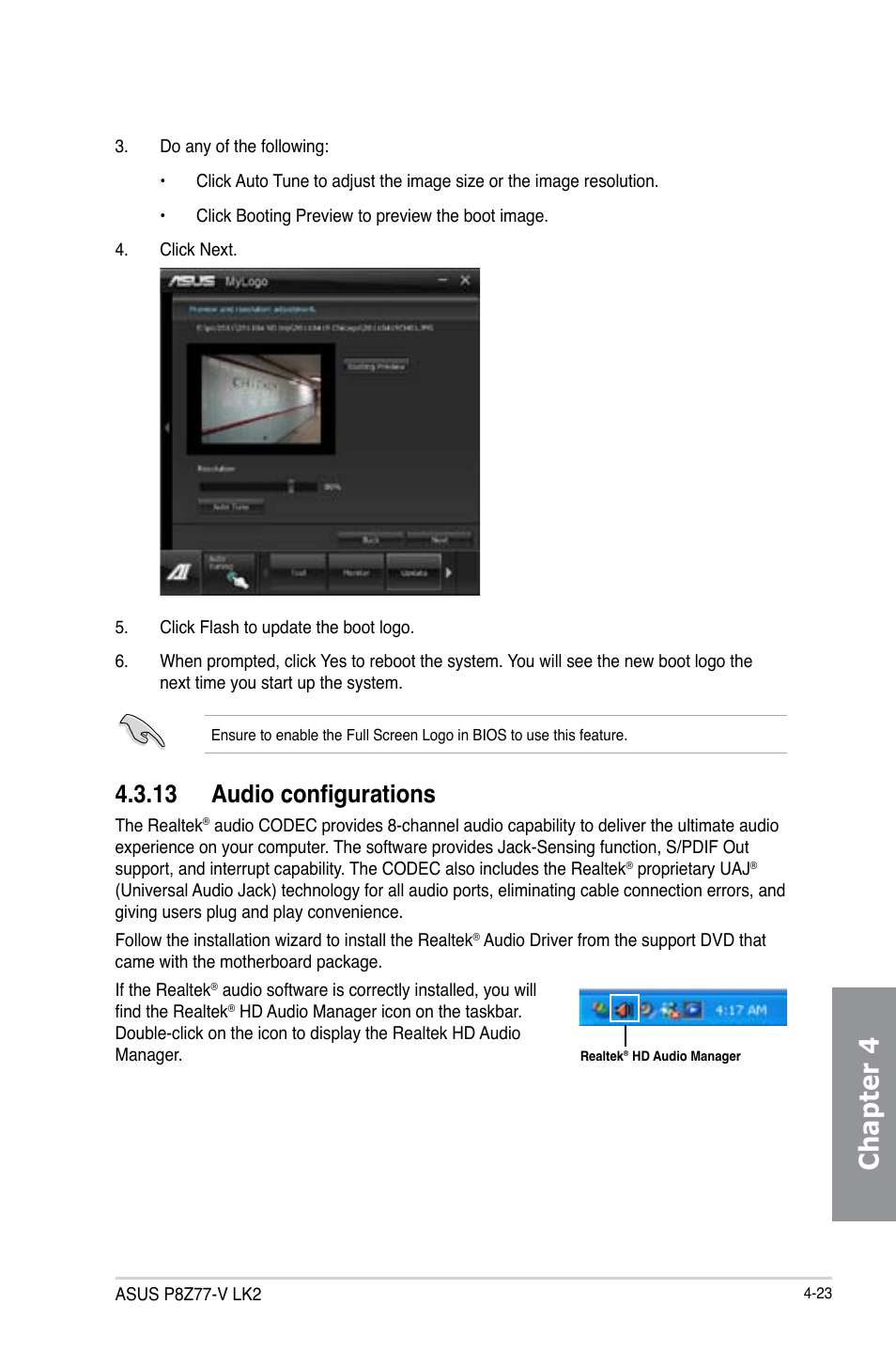 13 audio configurations, Audio configurations -23, Chapter 4 | Asus P8Z77-V LK2 User Manual | Page 121 / 156