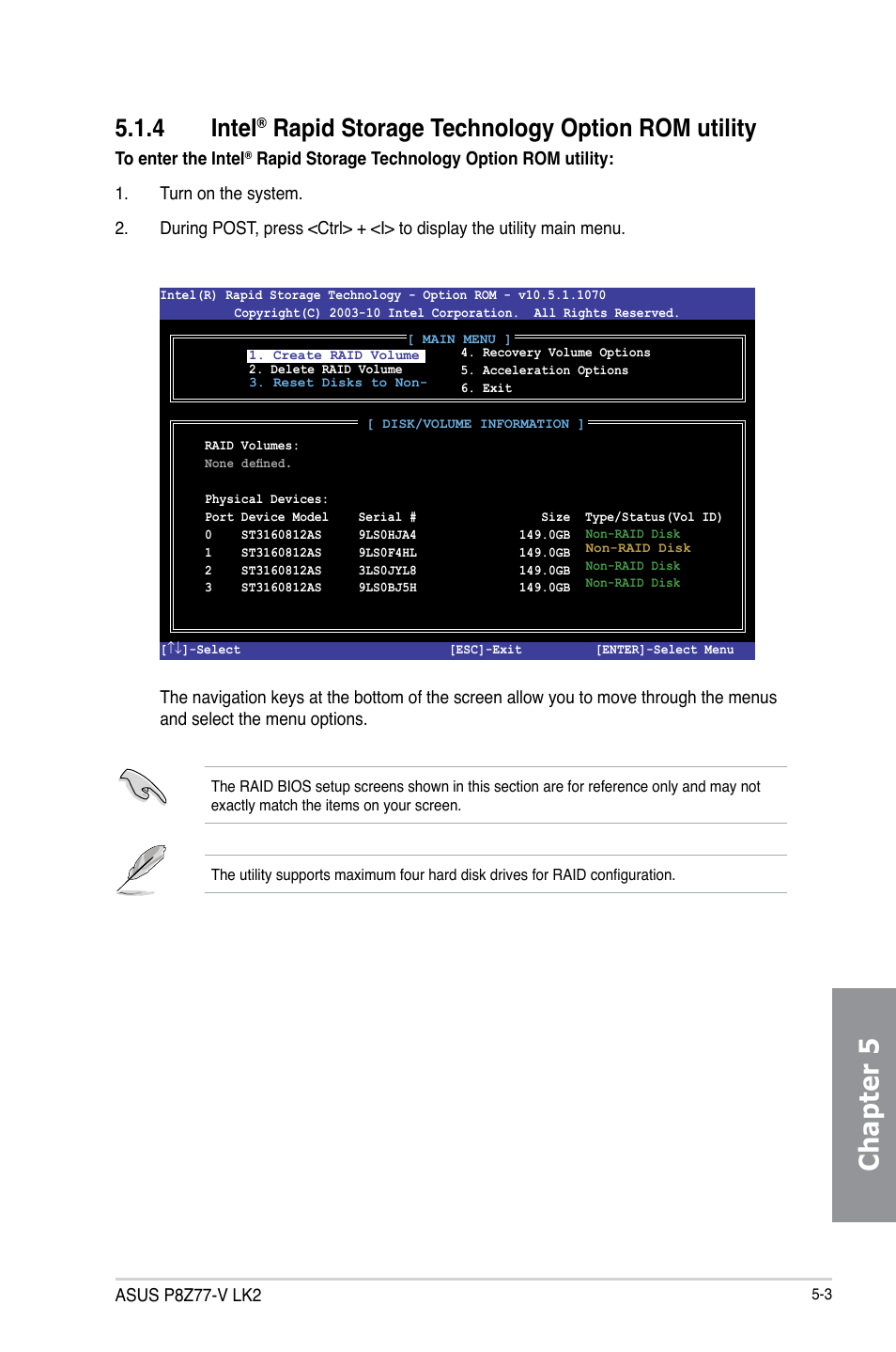 Intel, Rapid storage technology option rom utility -3, Chapter 5 | 4 intel, Rapid storage technology option rom utility | Asus P8Z77-V LK2 User Manual | Page 125 / 156