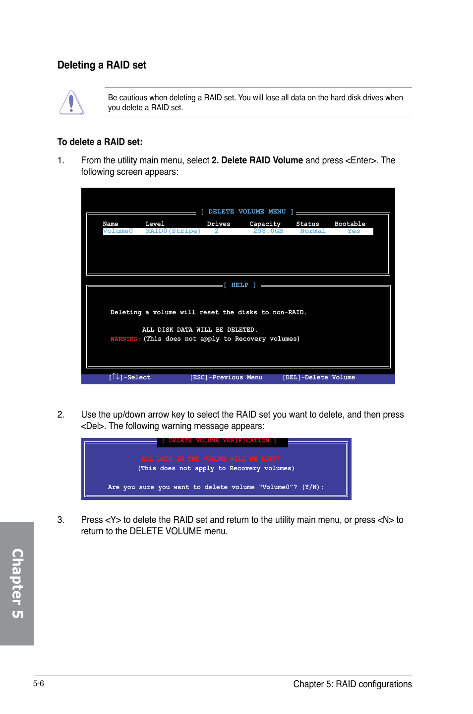 Chapter 5, Deleting a raid set | Asus P8Z77-V LK2 User Manual | Page 128 / 156