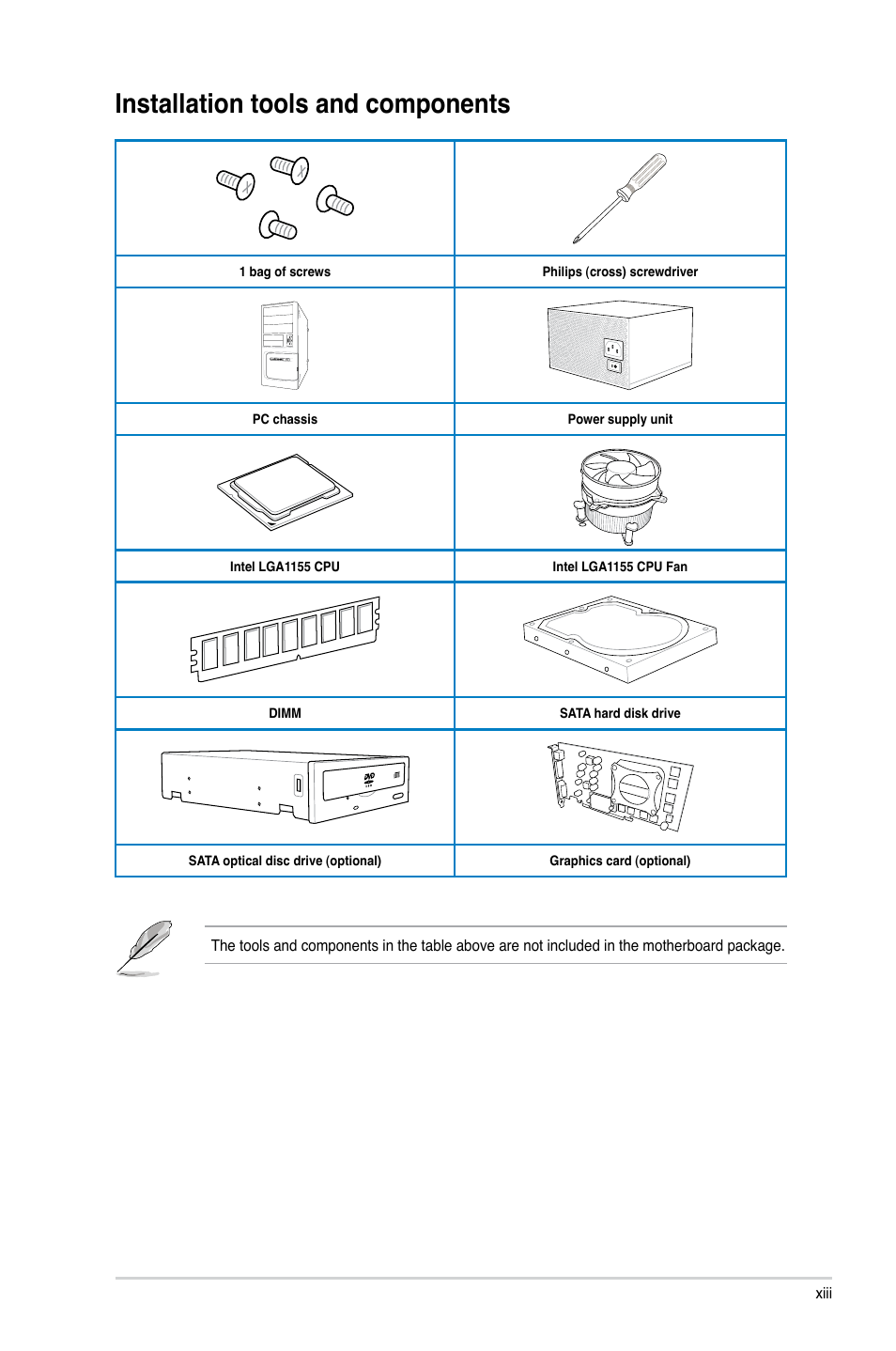 Installation tools and components | Asus P8Z77-V LK2 User Manual | Page 13 / 156