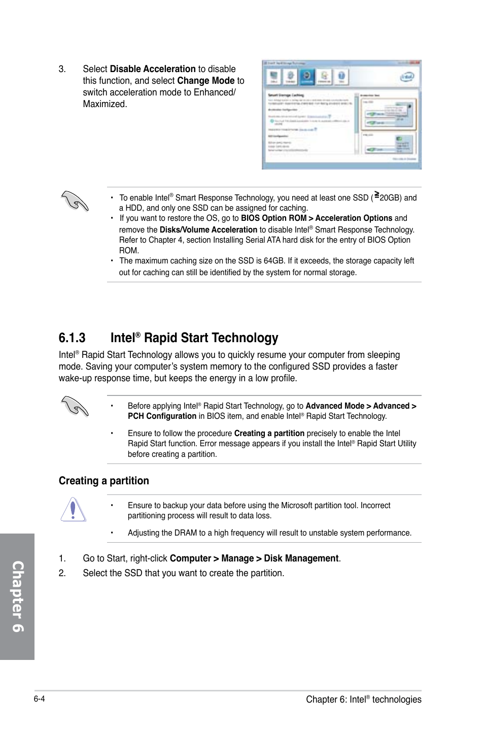 3 intel® rapid start technology, Intel, Rapid start technology -4 | Chapter 6, 3 intel, Rapid start technology, Creating a partition | Asus P8Z77-V LK2 User Manual | Page 138 / 156