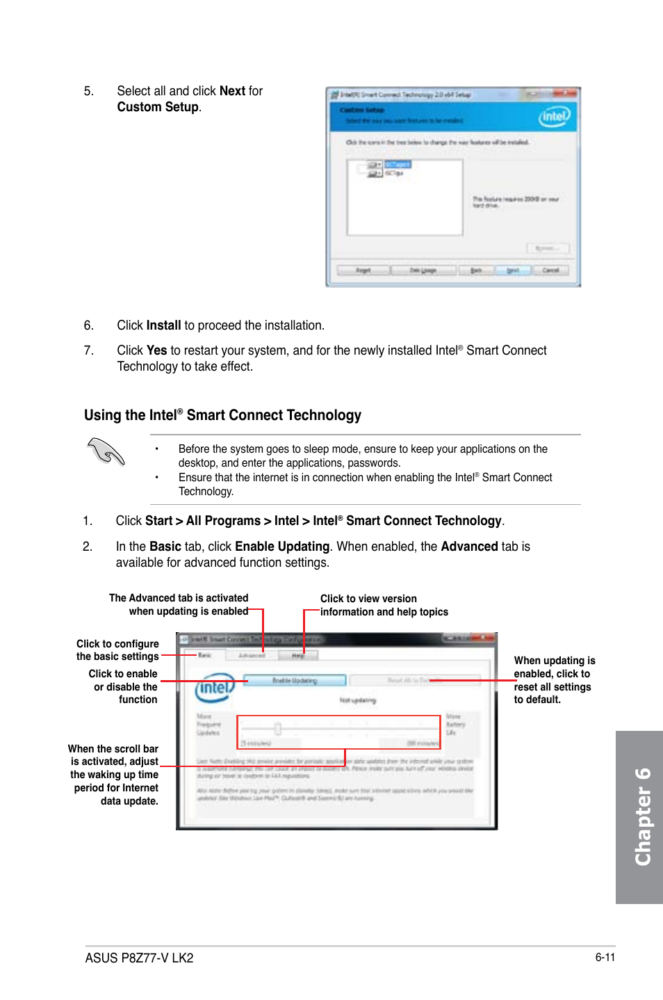 Chapter 6, Using the intel, Smart connect technology | Asus P8Z77-V LK2 User Manual | Page 145 / 156