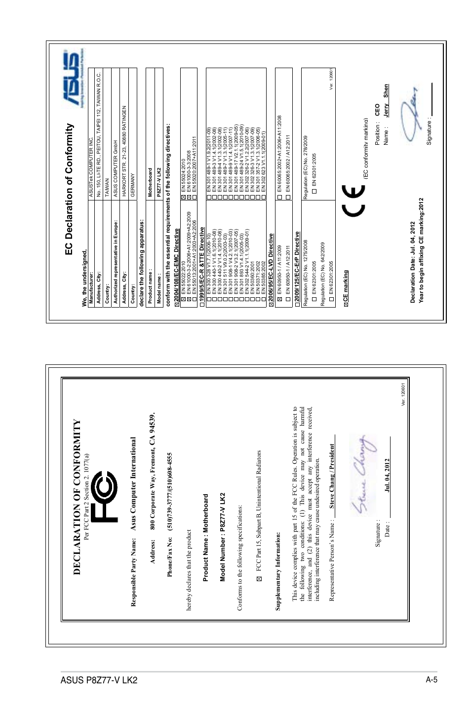 Asus p8z77-v lk2, Declaration of conformity, Ec declaration of conformity | Asu s c om pu te r in te rn at io na l | Asus P8Z77-V LK2 User Manual | Page 155 / 156