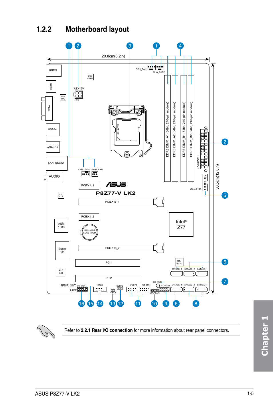 2 motherboard layout, Motherboard layout -5, Chapter 1 | Asus p8z77-v lk2, Intel | Asus P8Z77-V LK2 User Manual | Page 19 / 156