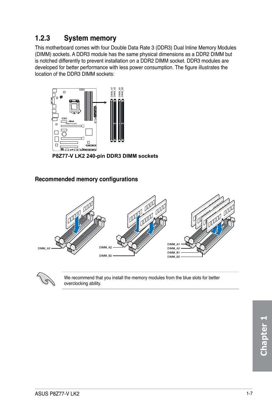 3 system memory, System memory -7, Chapter 1 | Asus P8Z77-V LK2 User Manual | Page 21 / 156