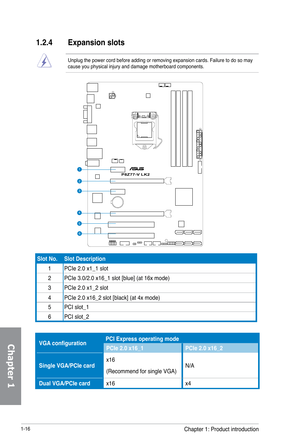 4 expansion slots, Expansion slots -16, Chapter 1 | Asus P8Z77-V LK2 User Manual | Page 30 / 156