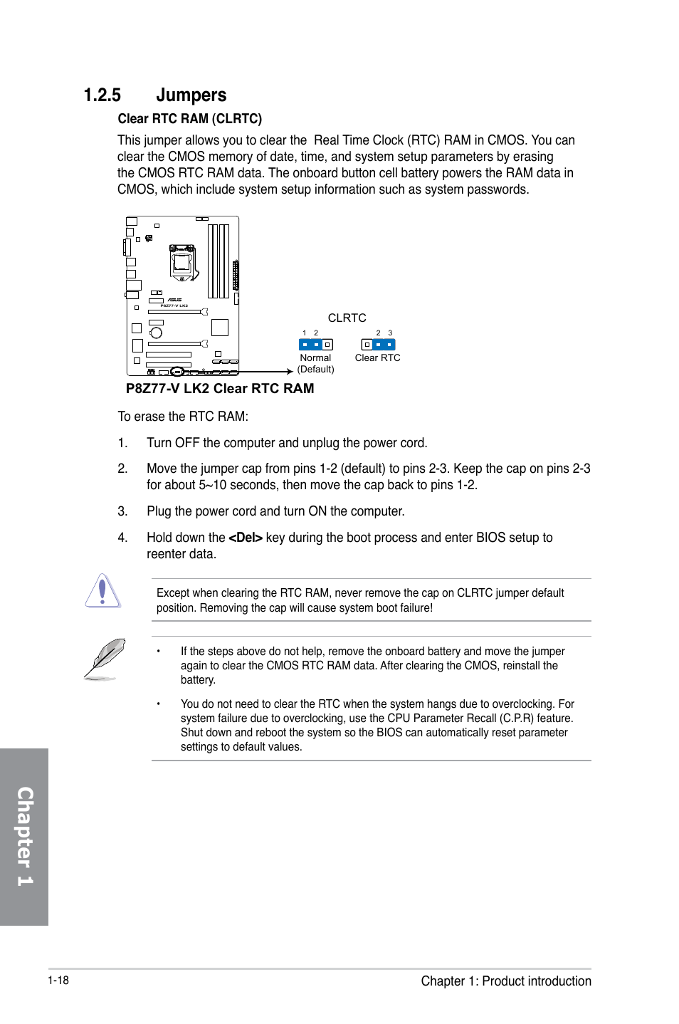 5 jumpers, Jumpers -18, Chapter 1 | Asus P8Z77-V LK2 User Manual | Page 32 / 156