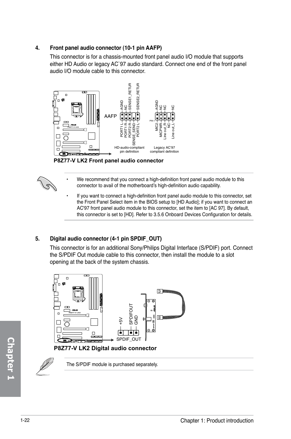 Chapter 1, Chapter 1: product introduction, P8z77-v lk2 digital audio connector | Asus P8Z77-V LK2 User Manual | Page 36 / 156