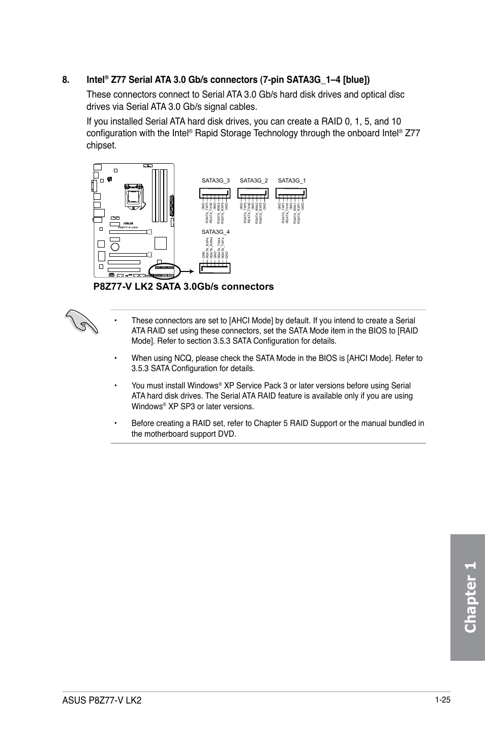 Chapter 1, Asus p8z77-v lk2, Intel | Rapid storage technology through the onboard intel, Z77 chipset | Asus P8Z77-V LK2 User Manual | Page 39 / 156