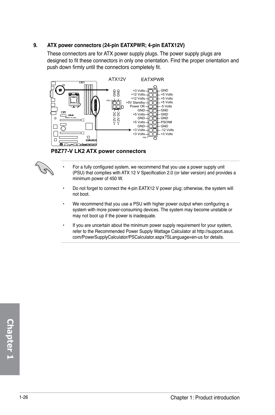 Chapter 1, Chapter 1: product introduction, P8z77-v lk2 atx power connectors | Asus P8Z77-V LK2 User Manual | Page 40 / 156