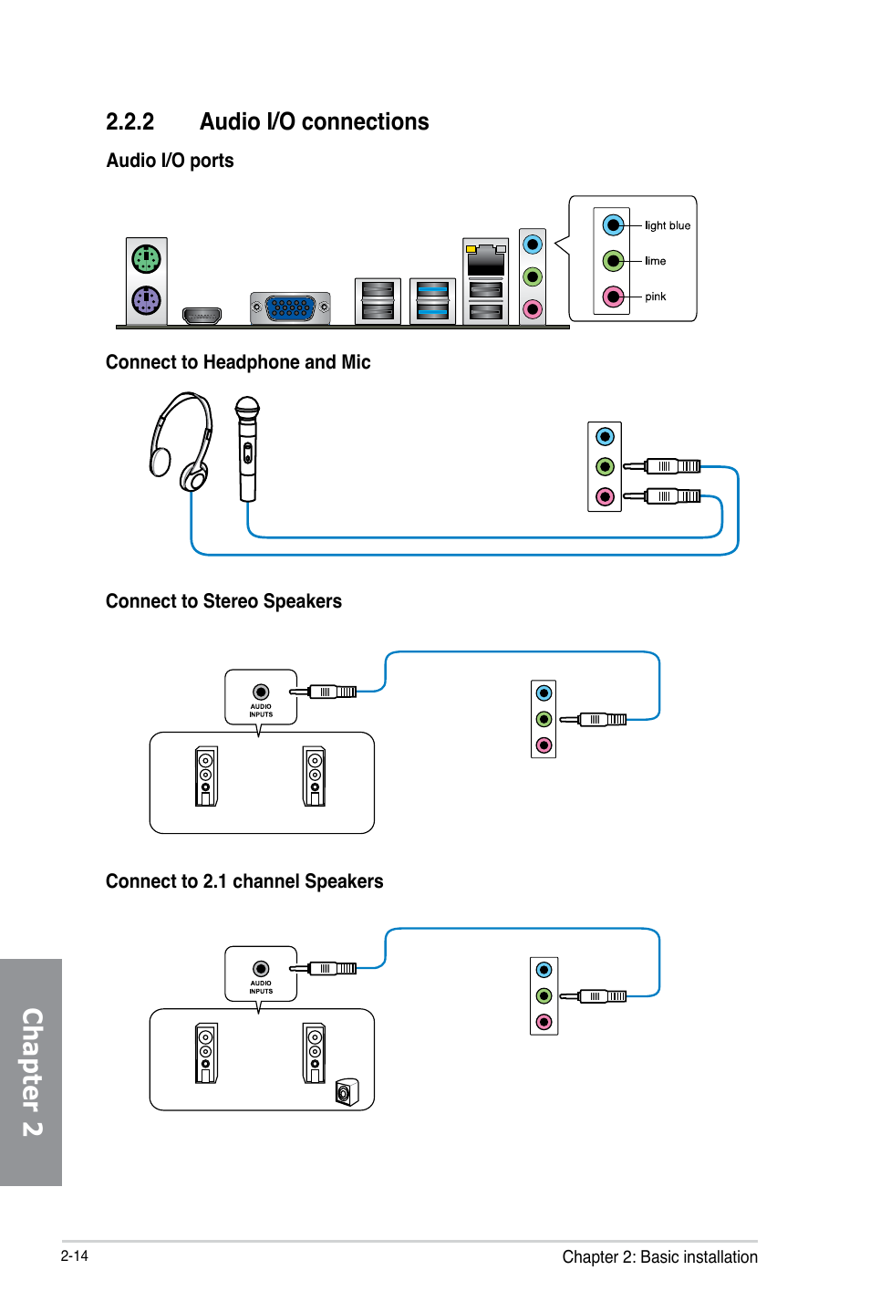 2 audio i/o connections, Audio i/o connections -14, Chapter 2 | Asus P8Z77-V LK2 User Manual | Page 56 / 156