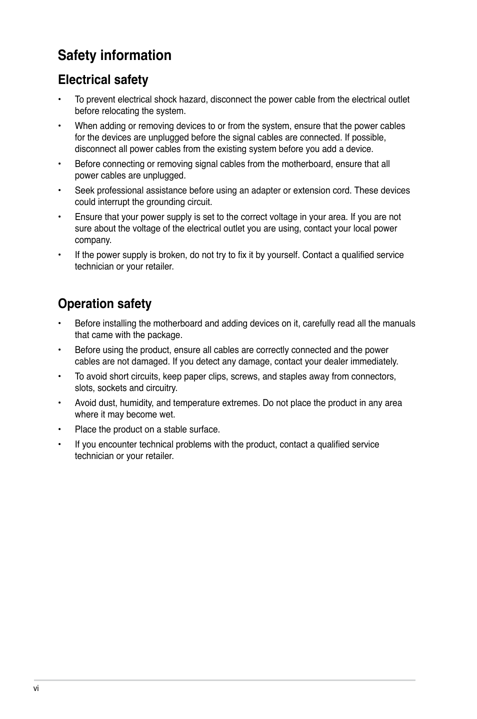 Safety information, Electrical safety, Operation safety | Asus P8Z77-V LK2 User Manual | Page 6 / 156