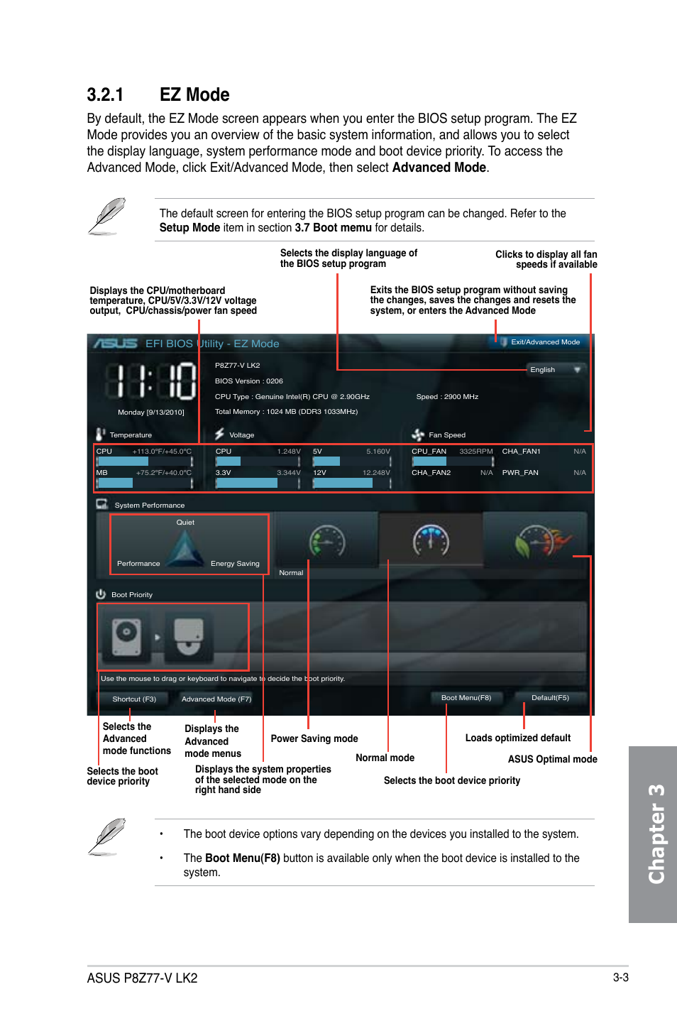 1 ez mode, Ez mode -3, Chapter 3 | Asus p8z77-v lk2 | Asus P8Z77-V LK2 User Manual | Page 61 / 156