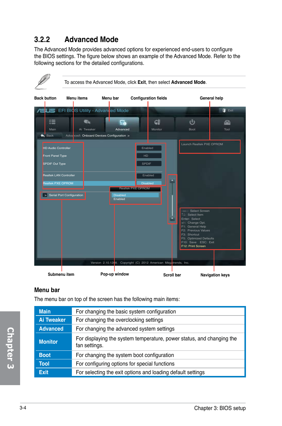 2 advanced mode, Advanced mode -4, Chapter 3 | Menu bar, Chapter 3: bios setup | Asus P8Z77-V LK2 User Manual | Page 62 / 156