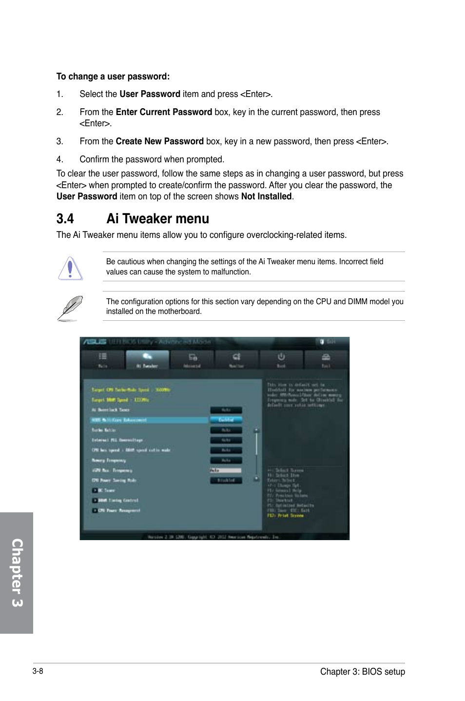 4 ai tweaker menu, Ai tweaker menu -8, Chapter 3 | Asus P8Z77-V LK2 User Manual | Page 66 / 156