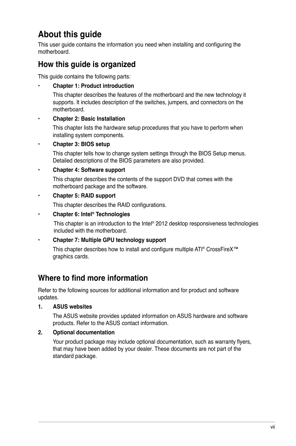 About this guide, How this guide is organized, Where to find more information | Asus P8Z77-V LK2 User Manual | Page 7 / 156