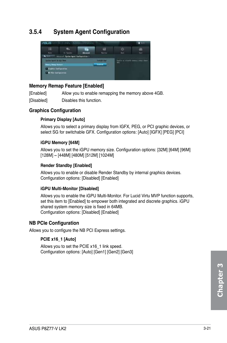 4 system agent configuration, System agent configuration -21, Chapter 3 | Asus P8Z77-V LK2 User Manual | Page 79 / 156