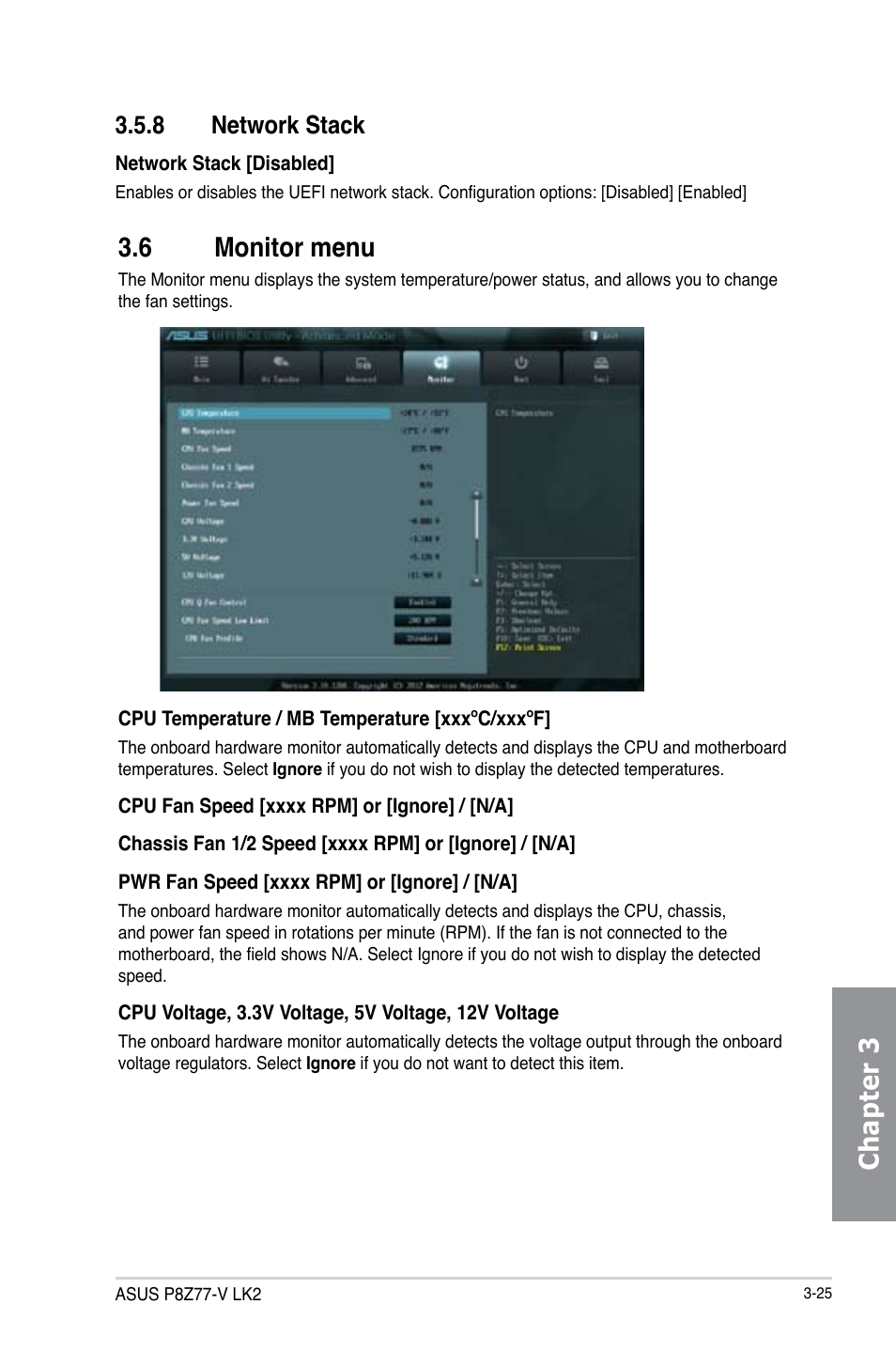 8 network stack, 6 monitor menu, Network stack -25 | Monitor menu -25, Chapter 3 | Asus P8Z77-V LK2 User Manual | Page 83 / 156