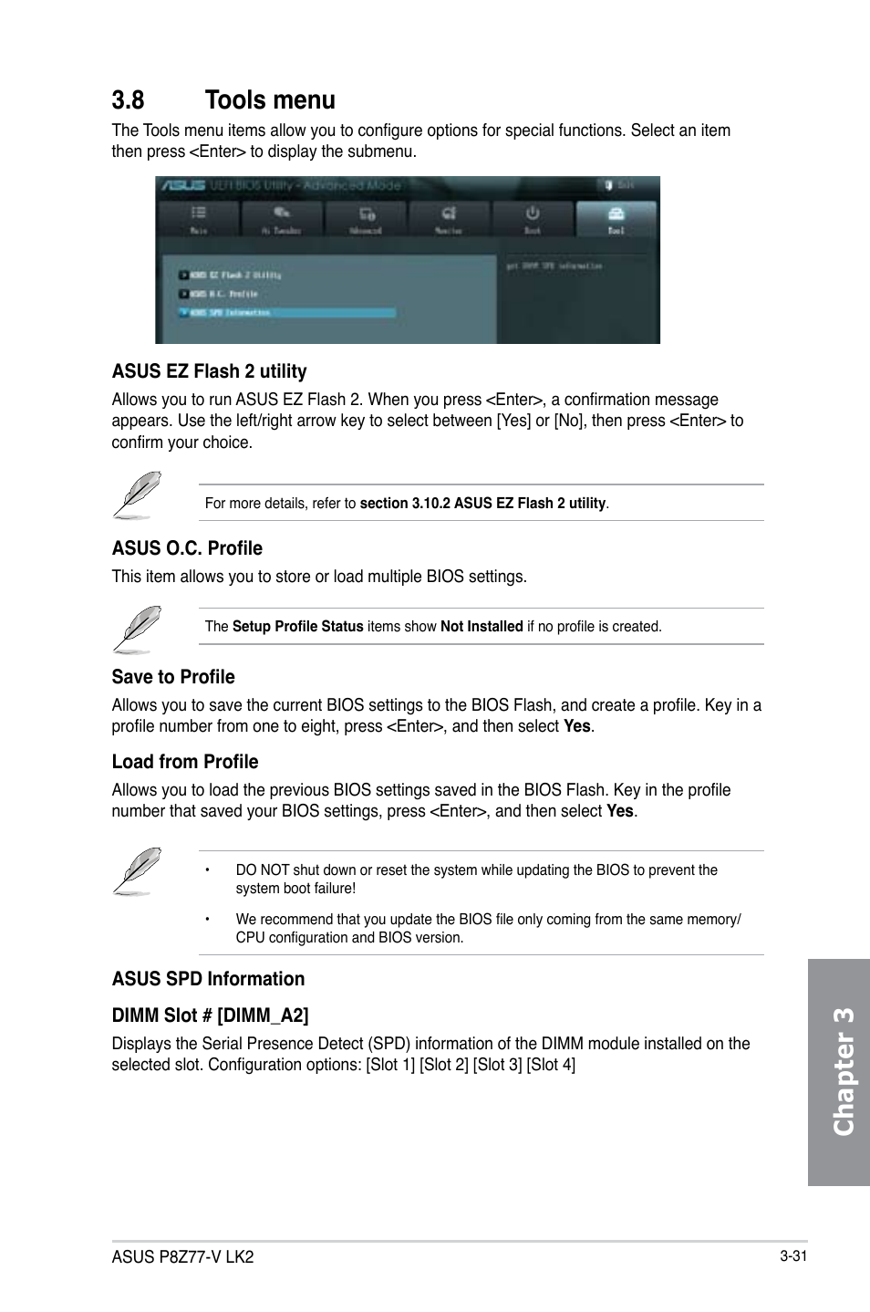 8 tools menu, Tools menu -31, Chapter 3 3.8 tools menu | Asus P8Z77-V LK2 User Manual | Page 89 / 156