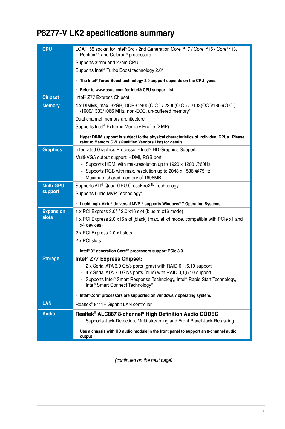 P8z77-v lk2 specifications summary, Intel, Z77 express chipset | Realtek, Alc887 8-channel* high definition audio codec | Asus P8Z77-V LK2 User Manual | Page 9 / 156