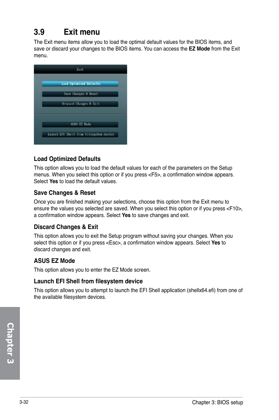 9 exit menu, Exit menu -32, Chapter 3 3.9 exit menu | Asus P8Z77-V LK2 User Manual | Page 90 / 156