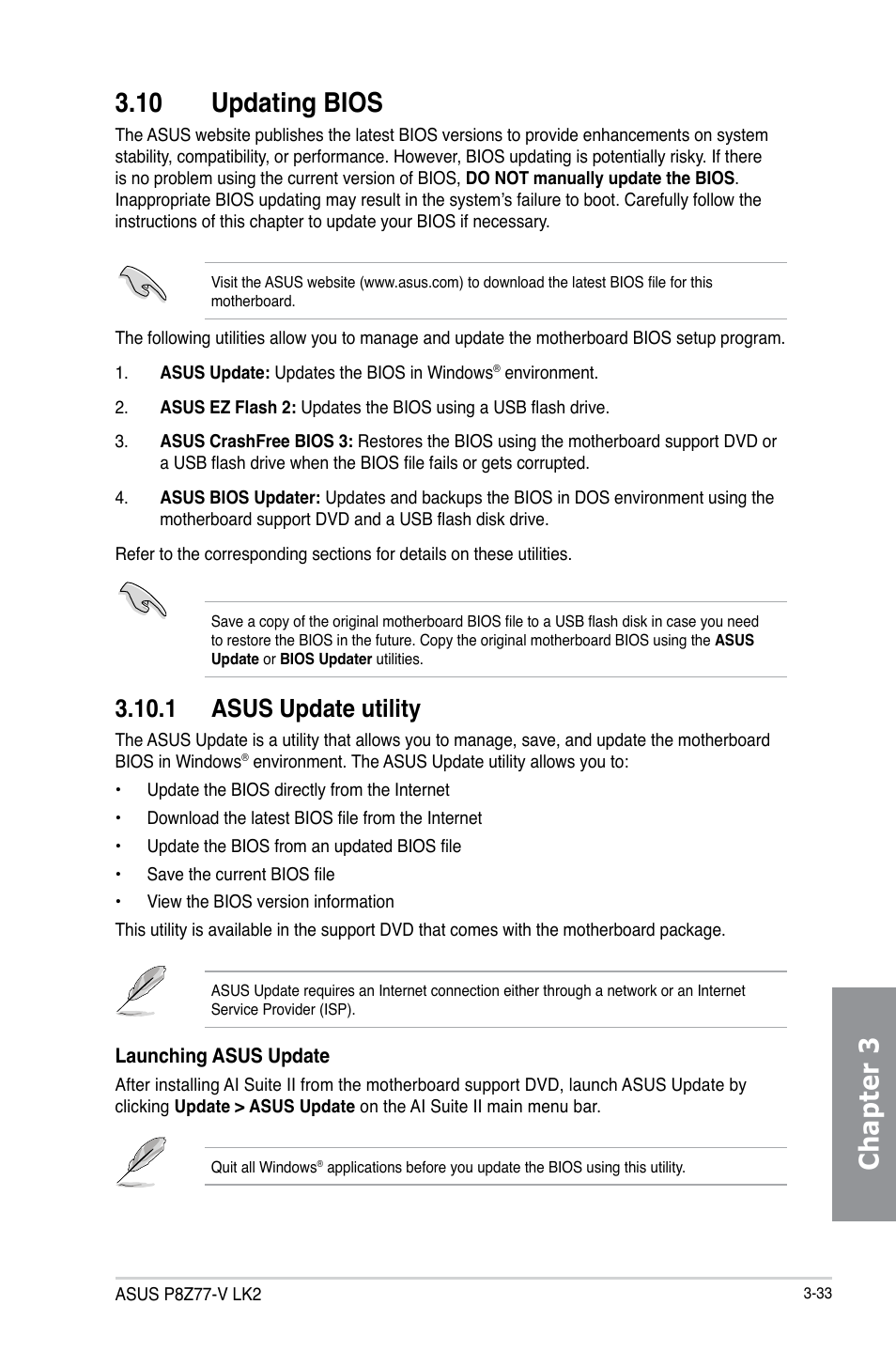 10 updating bios, 1 asus update utility, Updating bios -33 3.10.1 | Asus update utility -33, Chapter 3 3.10 updating bios | Asus P8Z77-V LK2 User Manual | Page 91 / 156