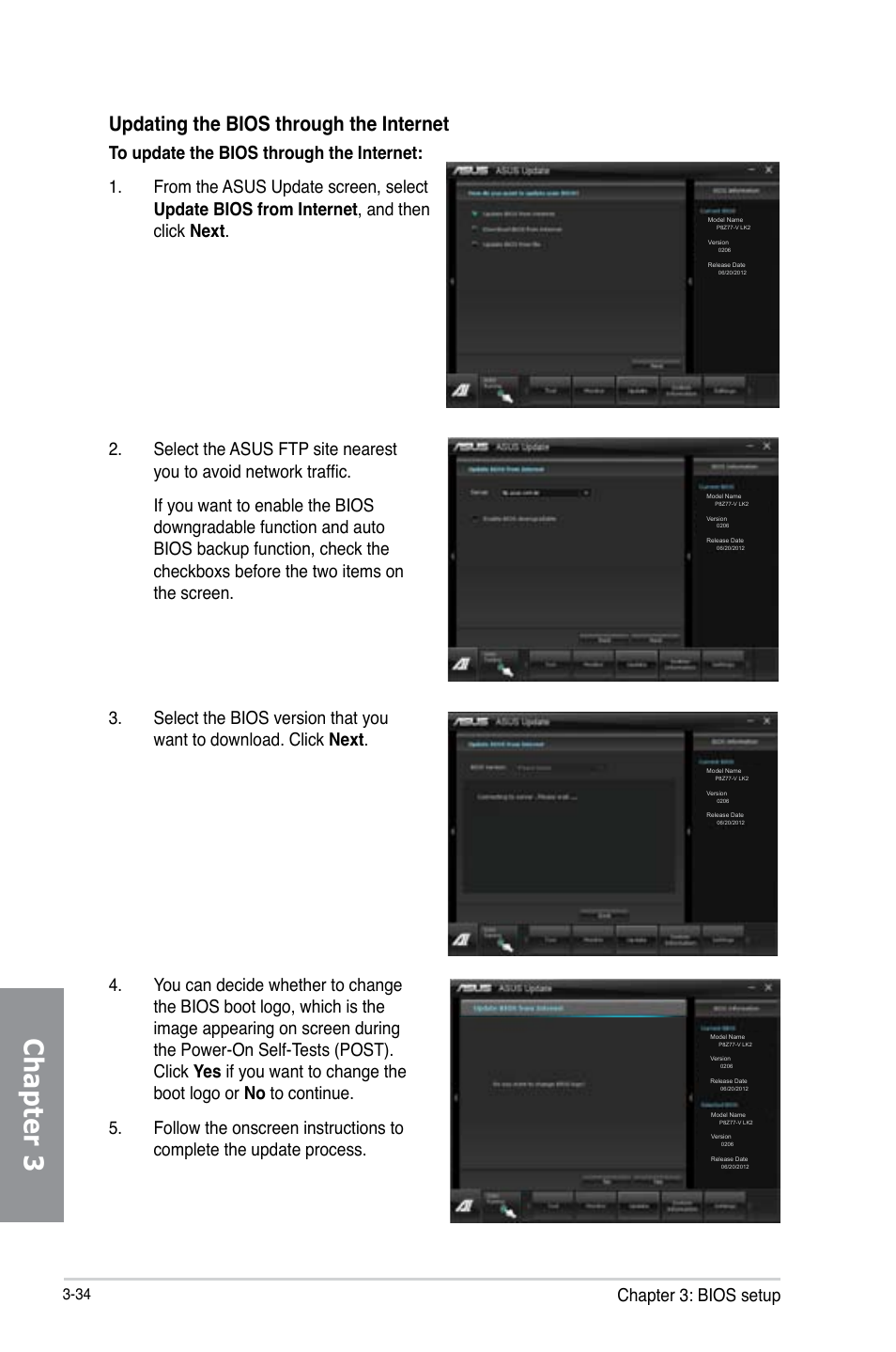 Chapter 3, Updating the bios through the internet, Chapter 3: bios setup | Asus P8Z77-V LK2 User Manual | Page 92 / 156