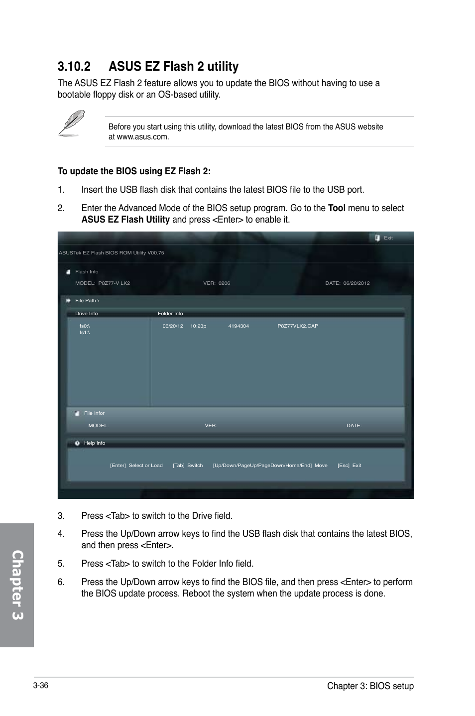 2 asus ez flash 2 utility, Asus ez flash 2 utility -36, Chapter 3 | Chapter 3: bios setup | Asus P8Z77-V LK2 User Manual | Page 94 / 156